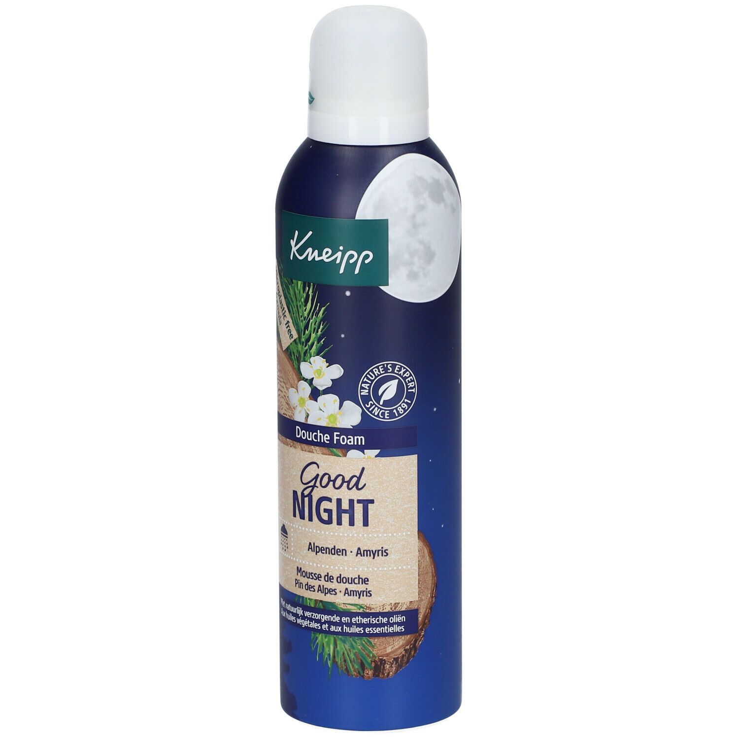Flacon de mousse de douche avec bouchon blanc. Boîte bleue avec nom et logo du produit. Motif pin/amyris, lune et plantes.