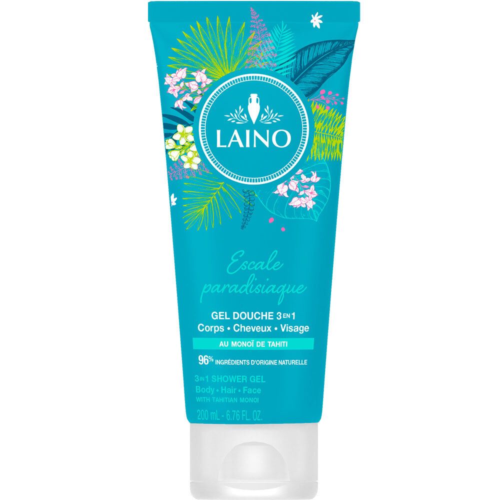 Türkisfarbene Tube mit floralem Design und Produktinformationen. "LAINO"-Logo und "Gel Douche 3 en 1" Text.