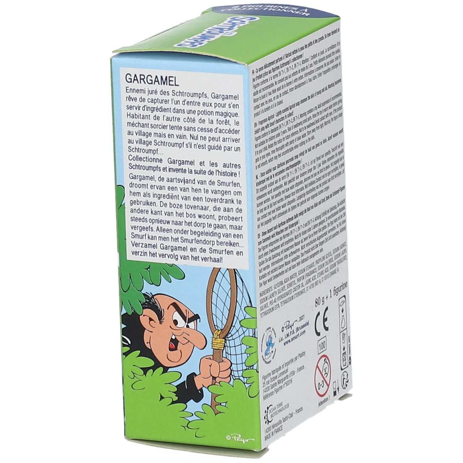 Côté de l'emballage de savon. Texte et illustrations de Gargamel. Couleurs verte et bleue. Texte en français.
