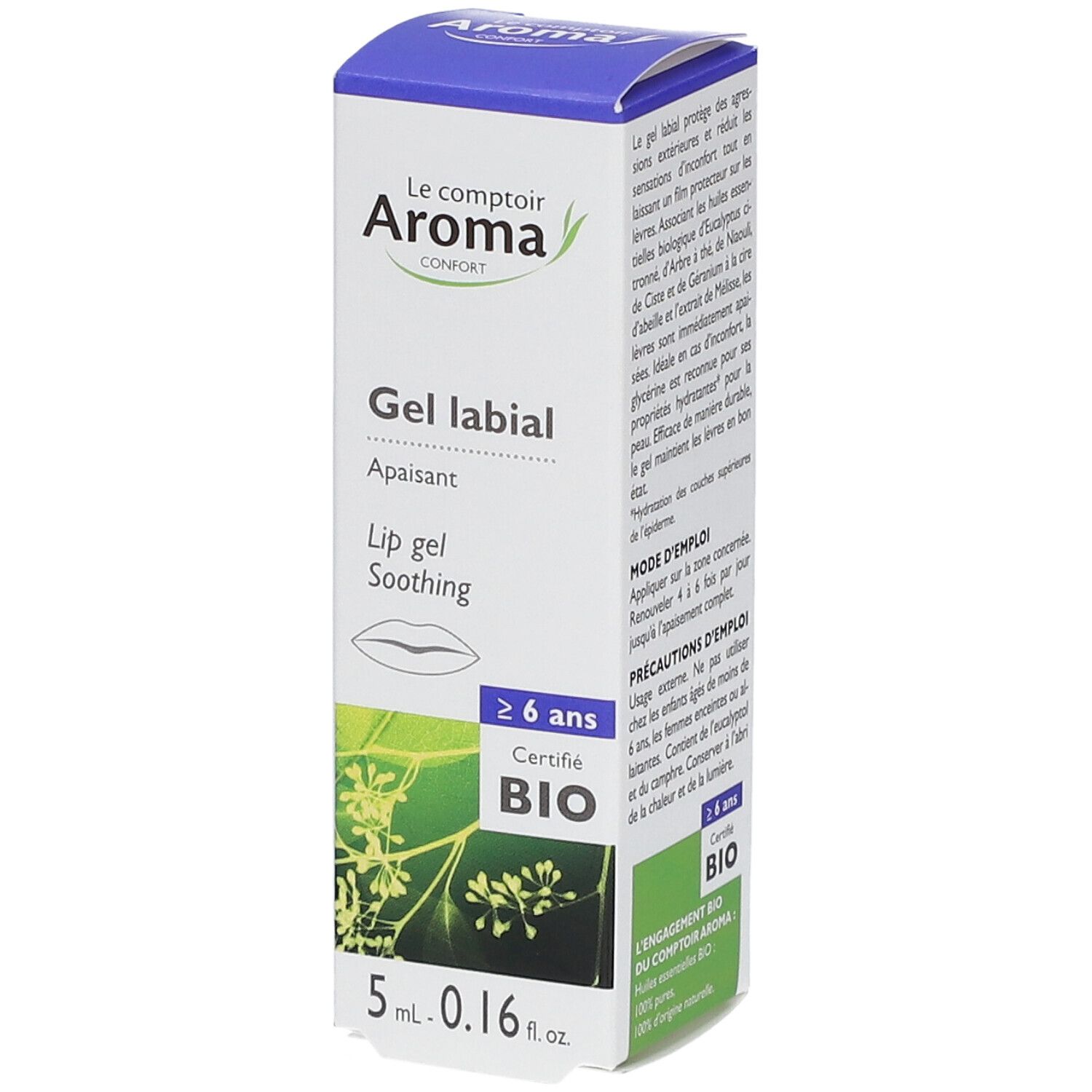 Karton mit 'Le comptoir Aroma' Gel labial. Text: 'Gel labial Apaisant'. Zertifiziert Bio. Inhalt: 5 ml.