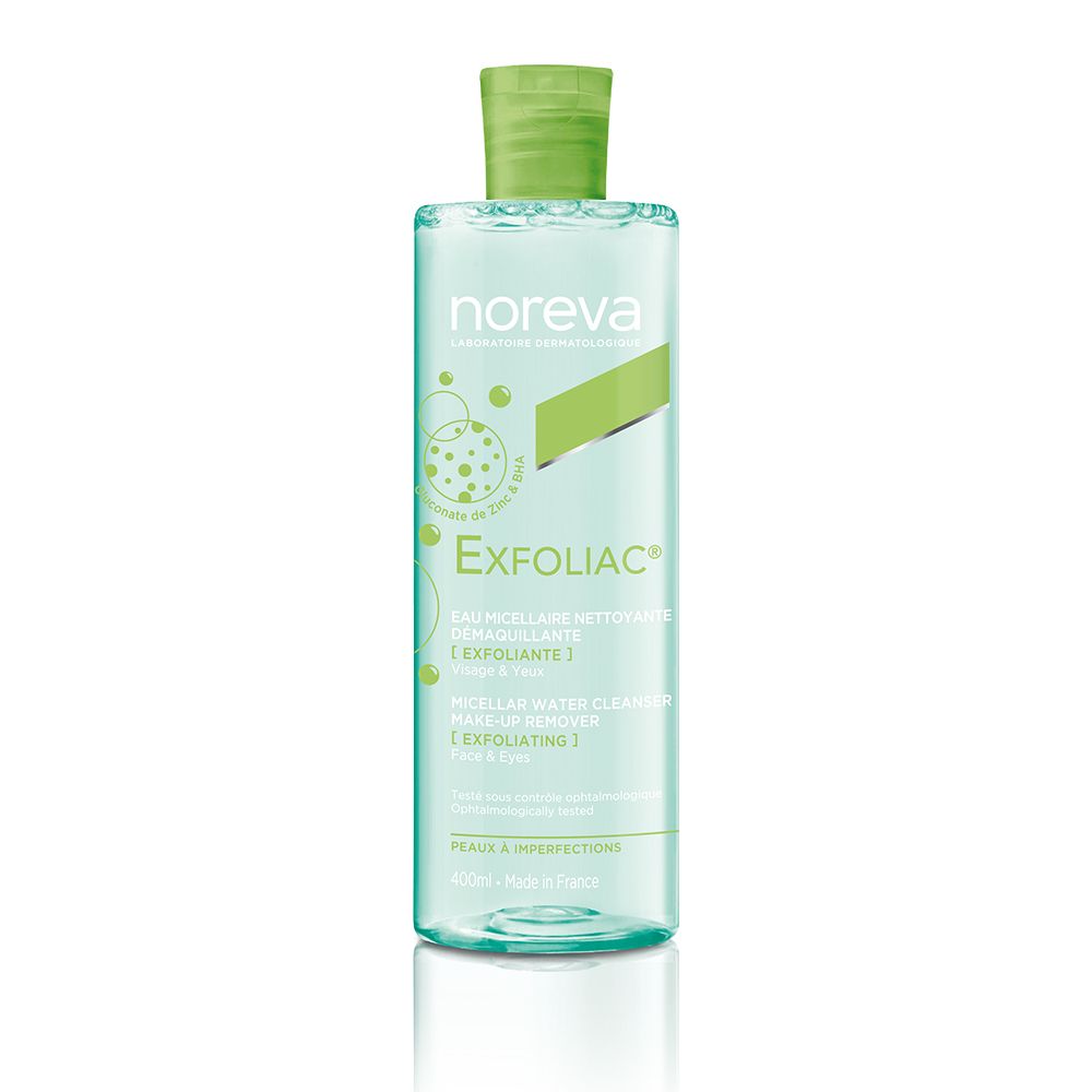 Flasche mit grünem Deckel. Aufschrift: noreva, Exfoliac, Eau micellaire nettoyante. Klare Flüssigkeit.