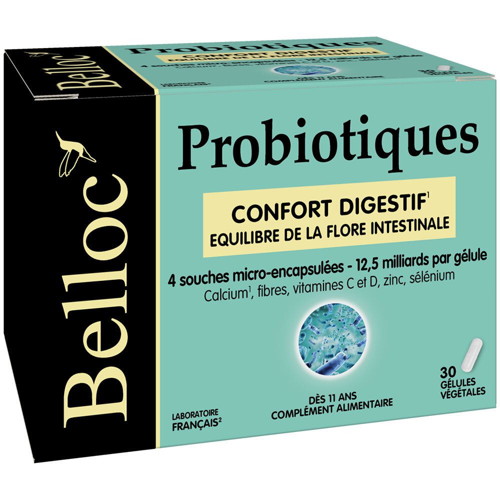 Boîte de BELLOC Probiotiques. Design turquoise et blanc. Contient 30 gélules. Laboratoire français. Inscription : Probiotiques, Confort Digestif.