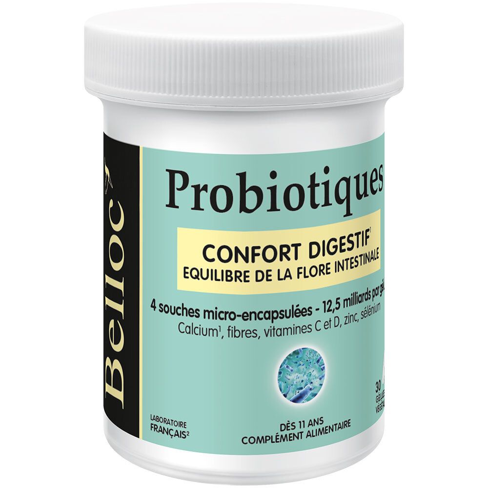 Pot de BELLOC Probiotiques. Couvercle blanc, étiquette turquoise. Contient 30 gélules. Inscription : Probiotiques, Confort Digestif.