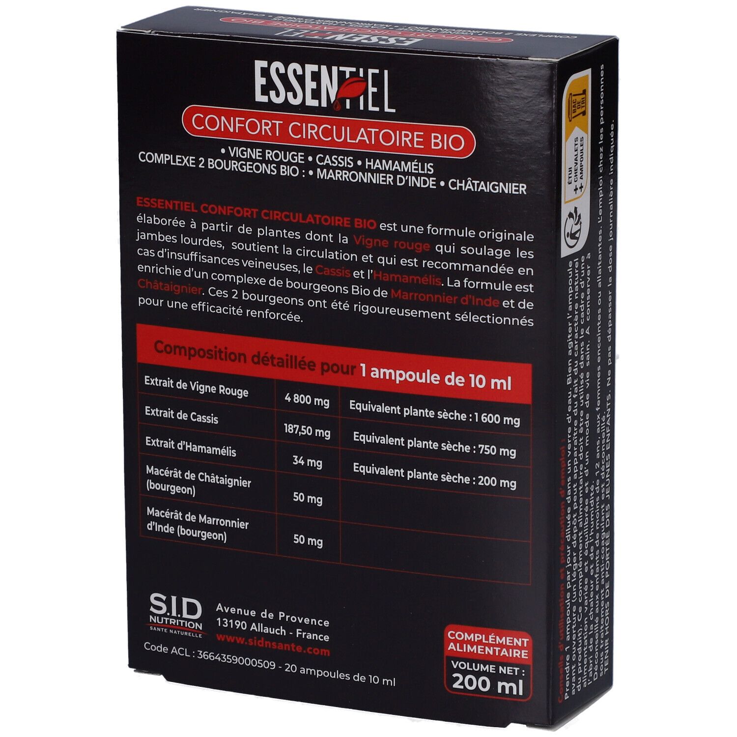 Dos de la boîte de SIDN ESSENTIEL CONF CIRCUL AMP 20. Texte avec ingrédients et dosage. Volume : 200 ml.