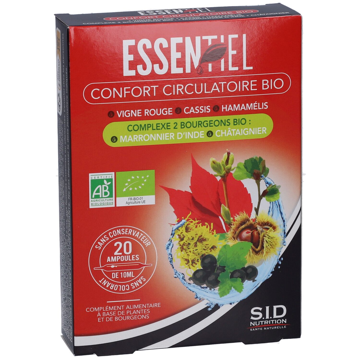 Boîte de SIDN ESSENTIEL CONF CIRCUL AMP 20. Boîte rouge et noire avec nom du produit et ingrédients. Label AB bio.