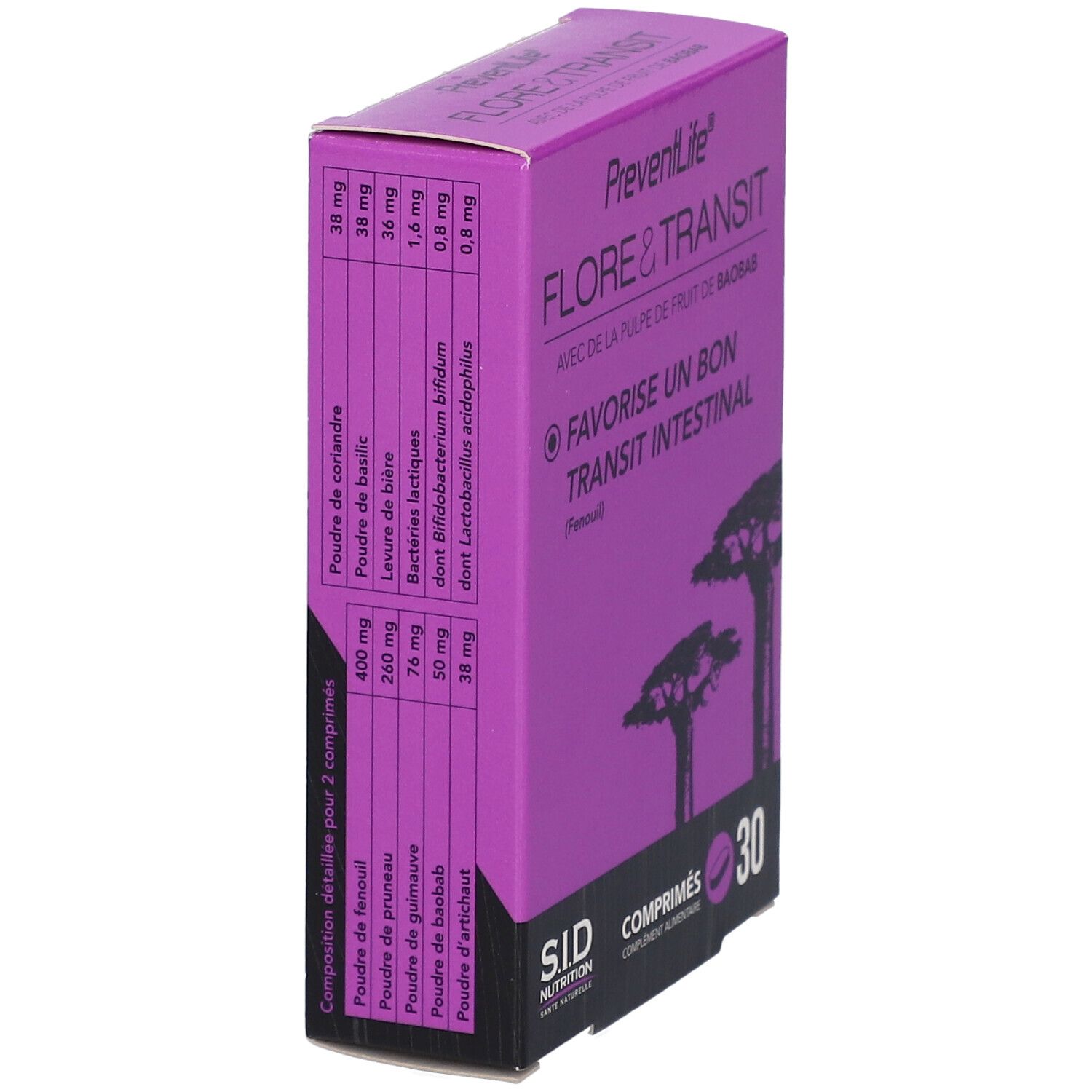 Lila Schachtel, Detailansicht. Auflistung der Inhaltsstoffe und Mengen. Produktname: Flore & Transit.