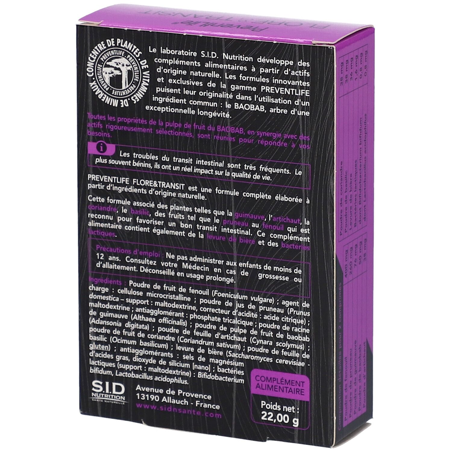 Rückseite der lila Schachtel. Text über die Inhaltsstoffe und das Produkt. Produktname: Flore & Transit.