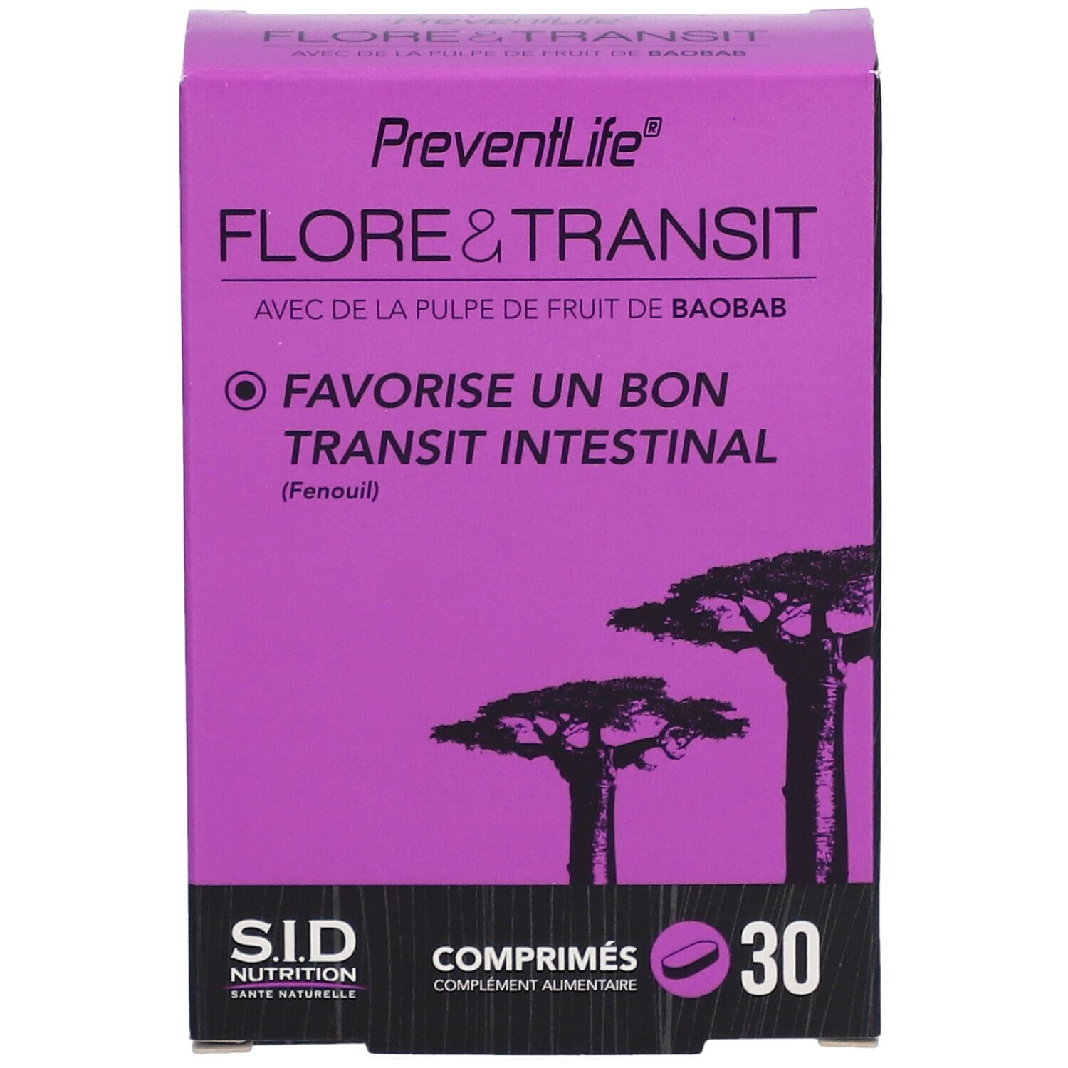 Lila Schachtel mit Produktnamen und Baobab-Baum-Illustration. Text: Flore & Transit, 30 Tabletten.