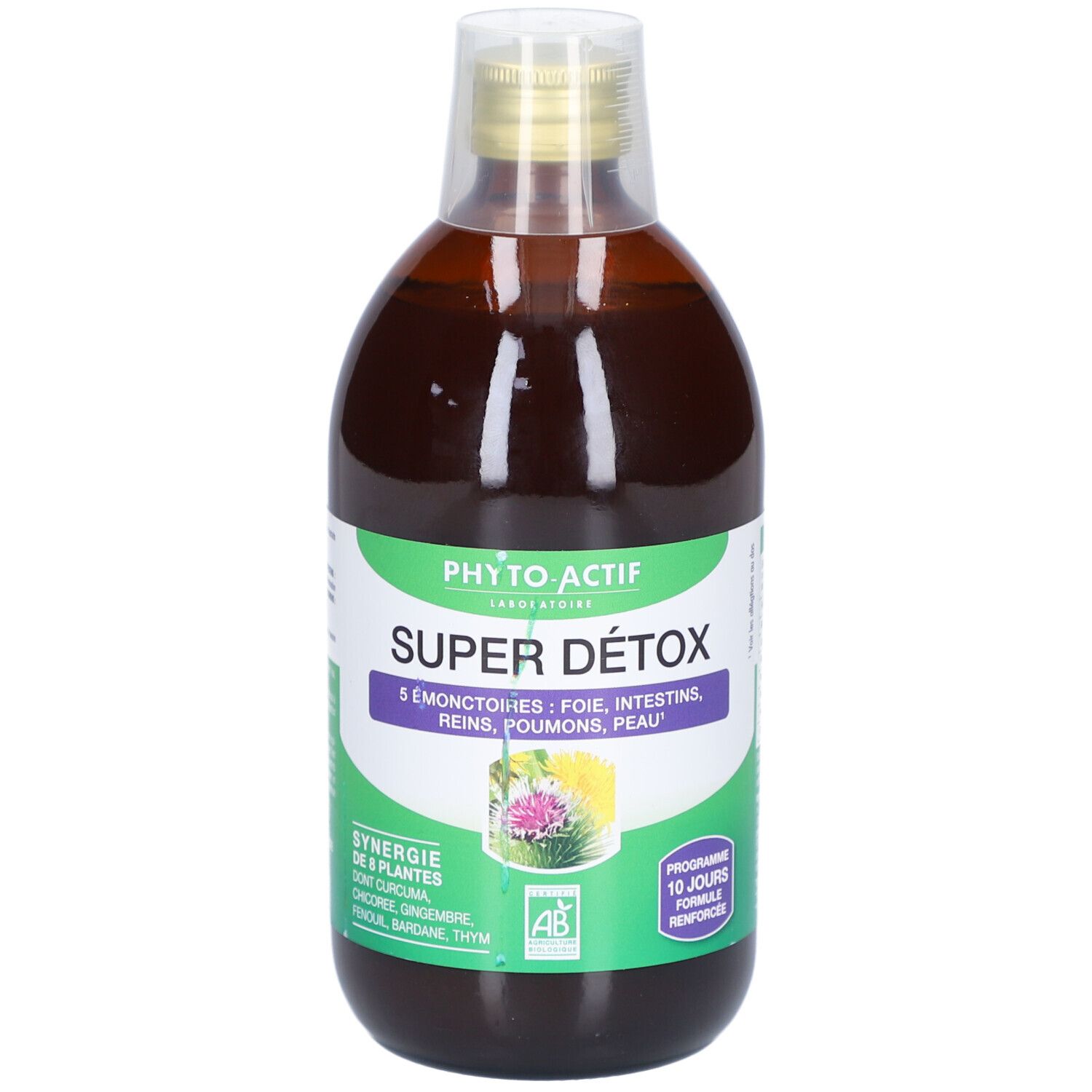 Braune Flüssigkeit in einer Flasche mit grünem Etikett. Auf dem Etikett steht "PHYTO-ACTIF Super Détox".