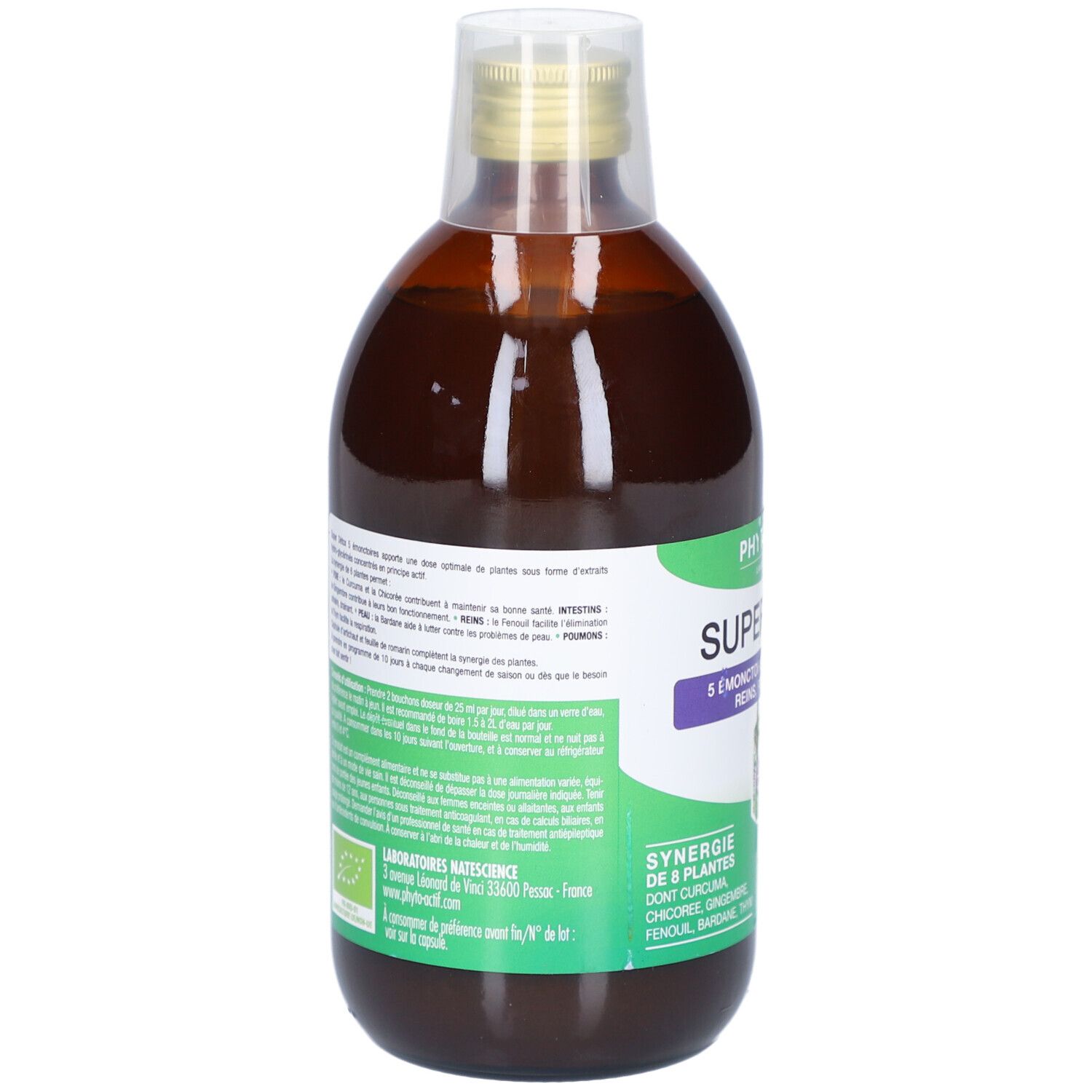 Rückansicht der Flasche mit brauner Flüssigkeit. Grünes Etikett mit Text. Bio-Zertifizierung.