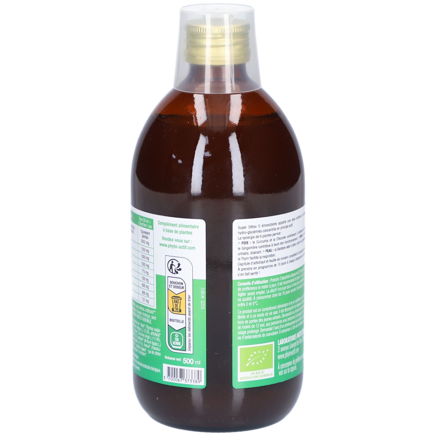 Rückansicht der Flasche mit brauner Flüssigkeit. Grünes Etikett mit Nährwertangaben und Bio-Zertifizierung.