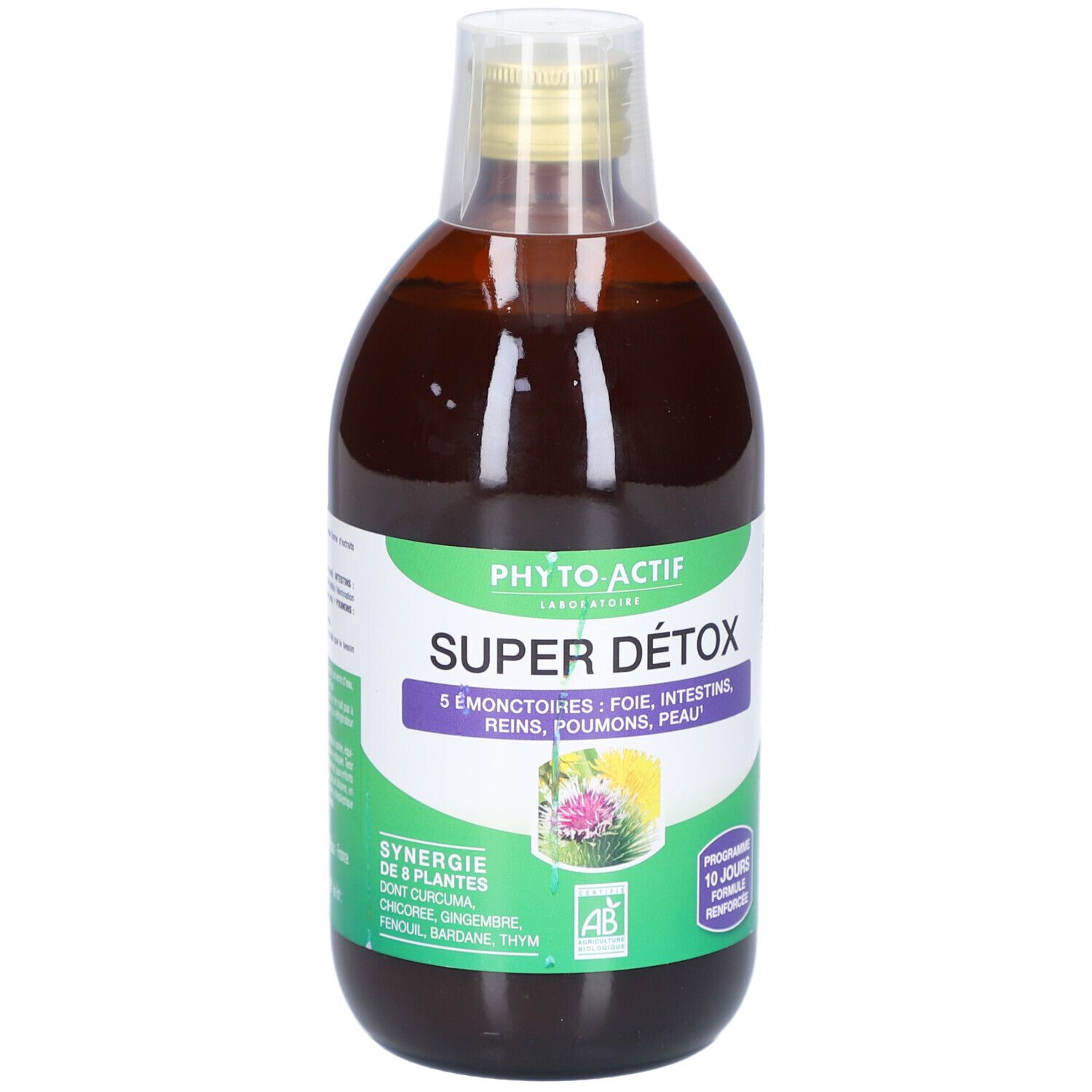 Braune Flüssigkeit in einer Flasche mit grünem Etikett. Auf dem Etikett steht "PHYTO-ACTIF Super Détox".