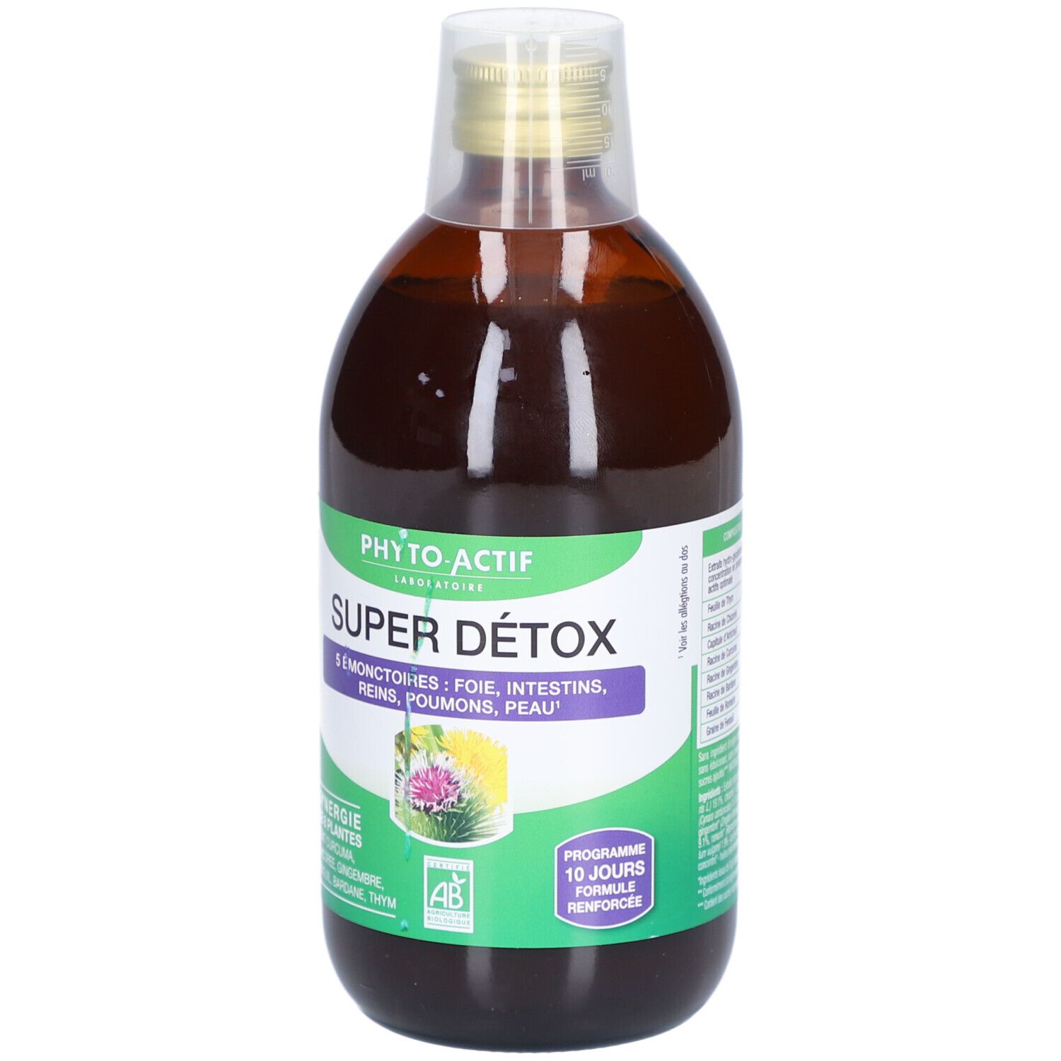 Braune Flüssigkeit in einer Flasche mit grünem Etikett. Auf dem Etikett steht "PHYTO-ACTIF Super Détox".