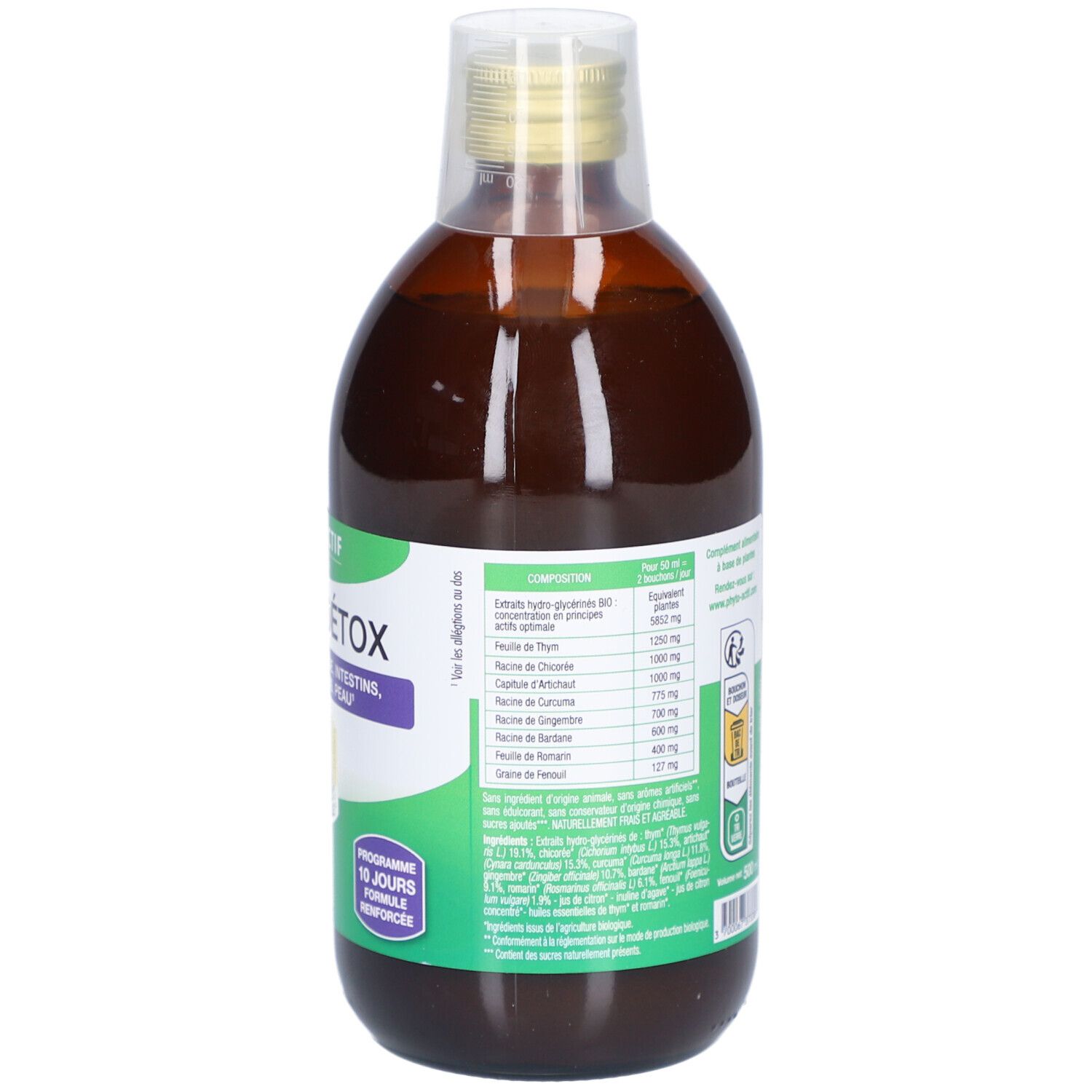 Rückansicht der Flasche mit brauner Flüssigkeit. Grünes Etikett mit Inhaltsstoffen und Nährwertangaben.