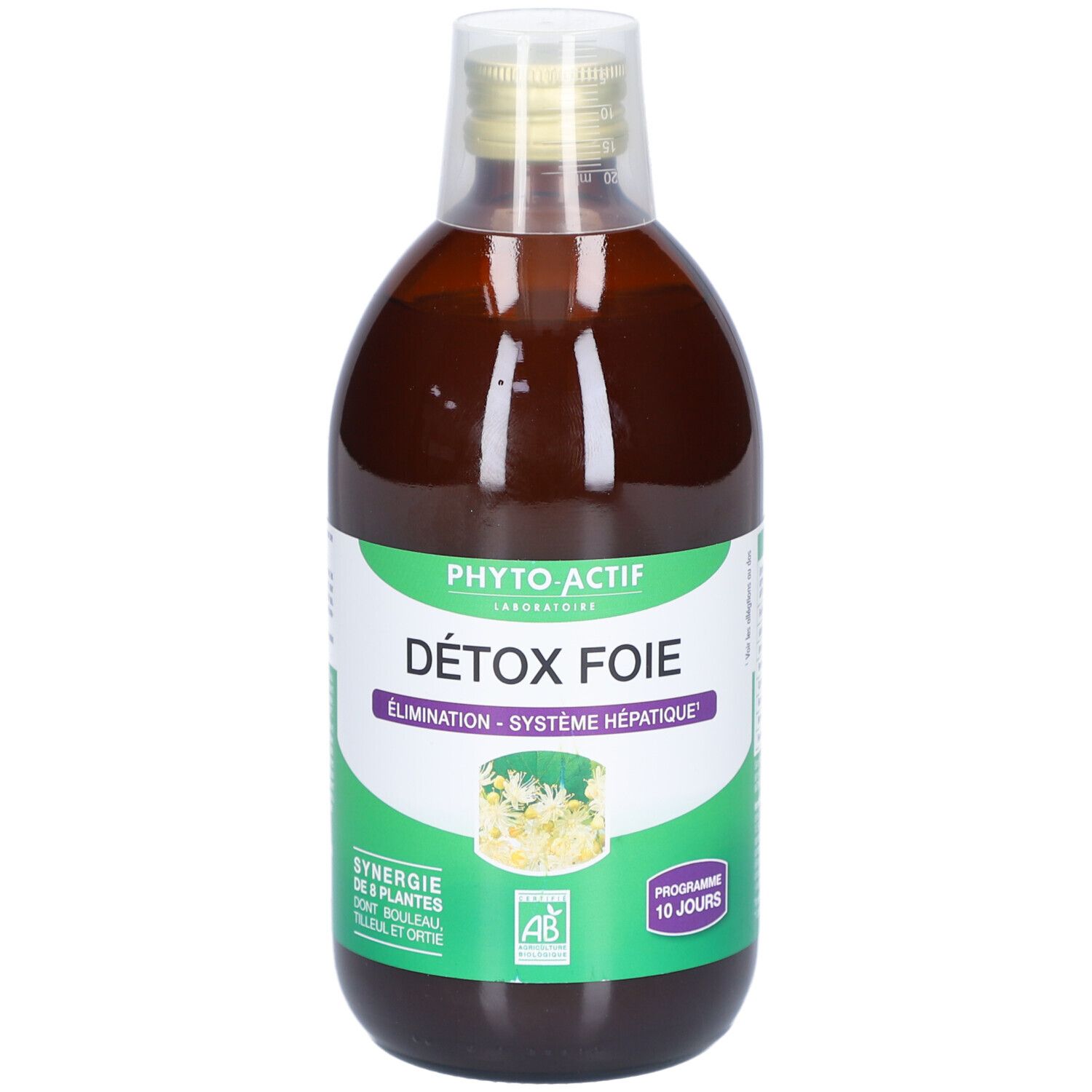 Braune Flüssigkeit in einer Flasche. Aufschrift: PHYTO-ACTIF, DÉTOX FOIE, Elimination - Système hépatique. Mit AB-Logo.
