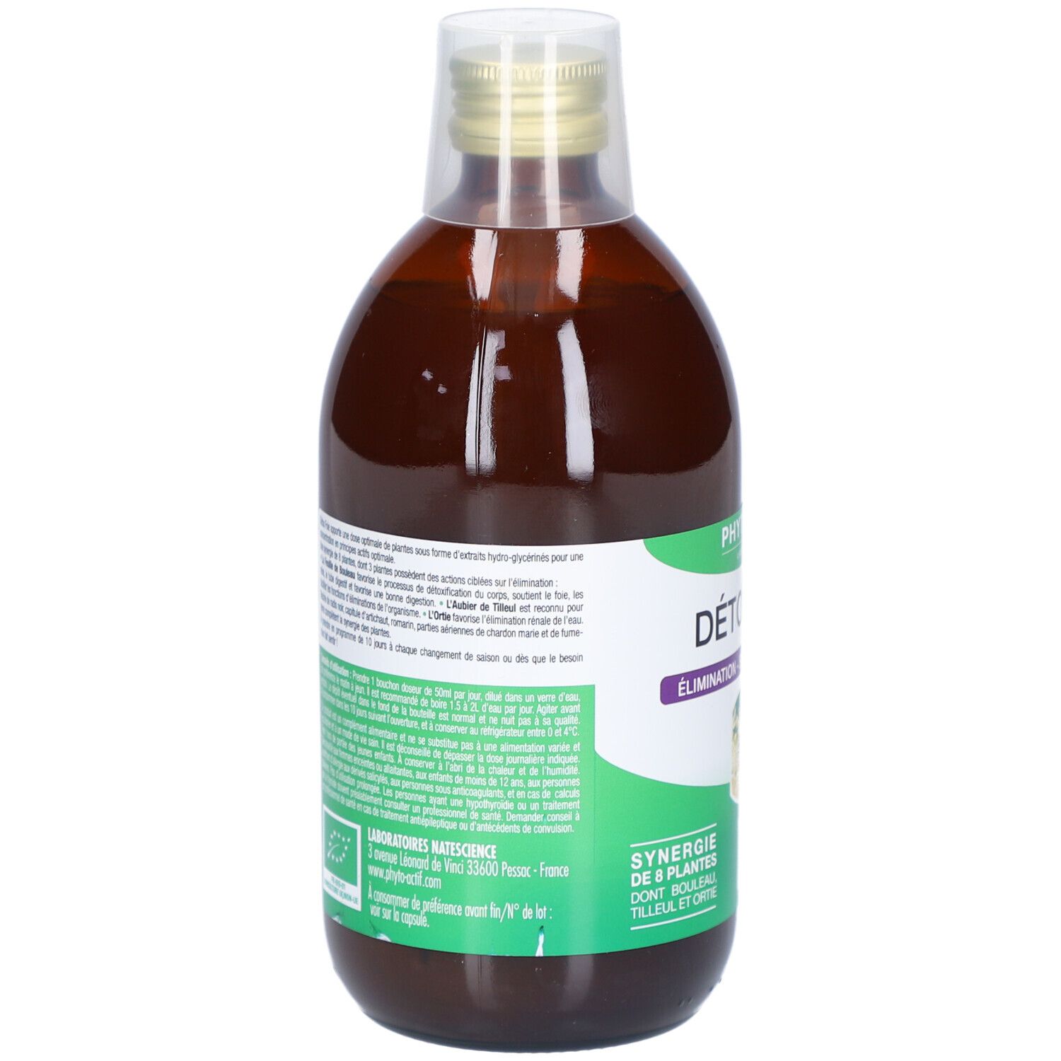 Rückseite der Flasche mit Text. Aufschrift: PHYTO-ACTIF, DÉTOX FOIE. Text über Inhaltsstoffe und Anwendung. Mit AB-Logo.