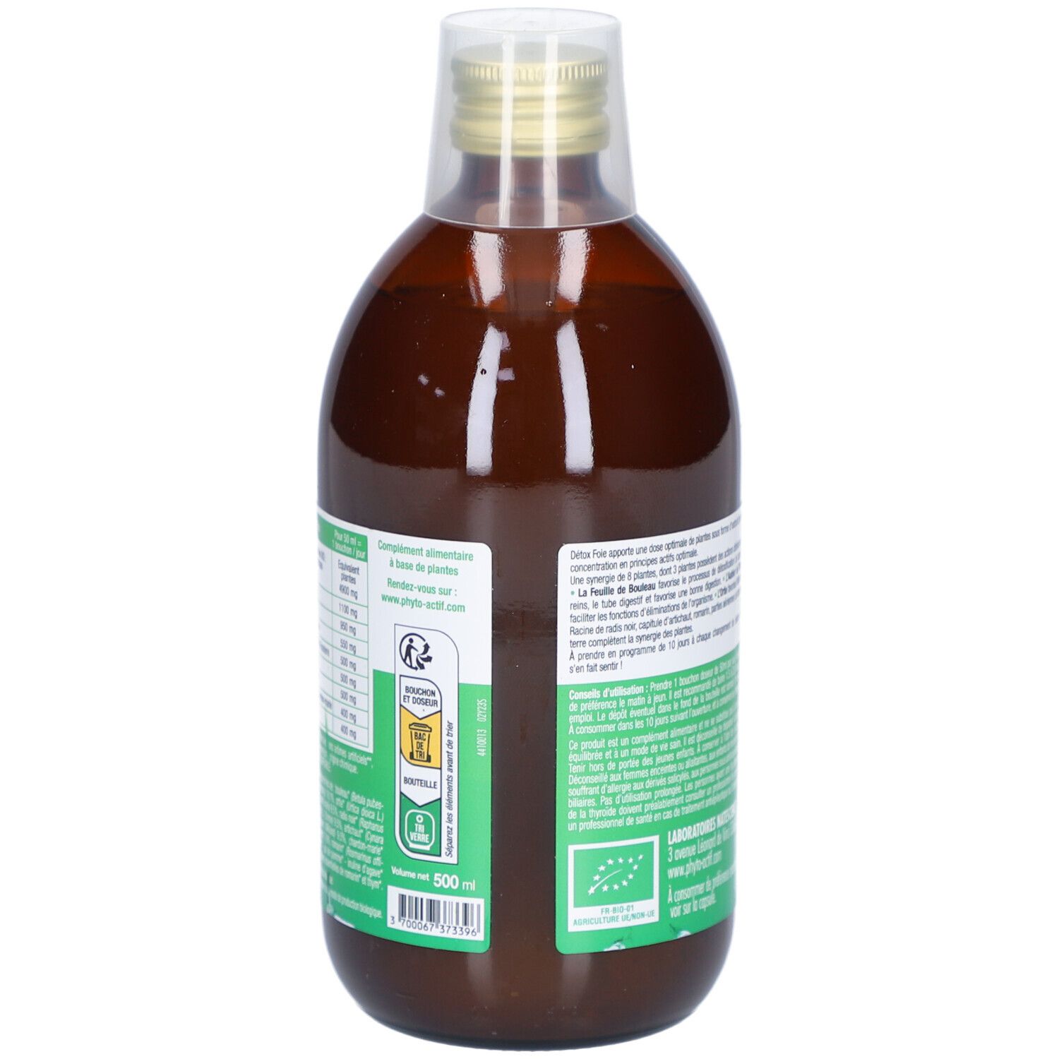 Rückseite der Flasche mit Text und Inhaltsangaben. Aufschrift: PHYTO-ACTIF. Mit AB-Logo und Volumenangabe.