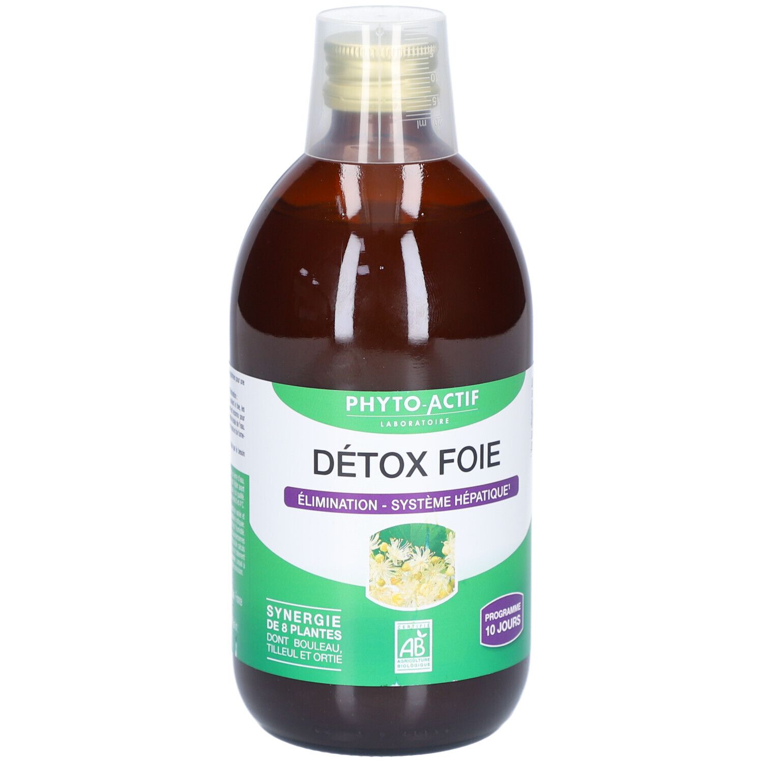 Braune Flüssigkeit in einer Flasche. Aufschrift: PHYTO-ACTIF, DÉTOX FOIE, Elimination - Système hépatique. Mit AB-Logo.