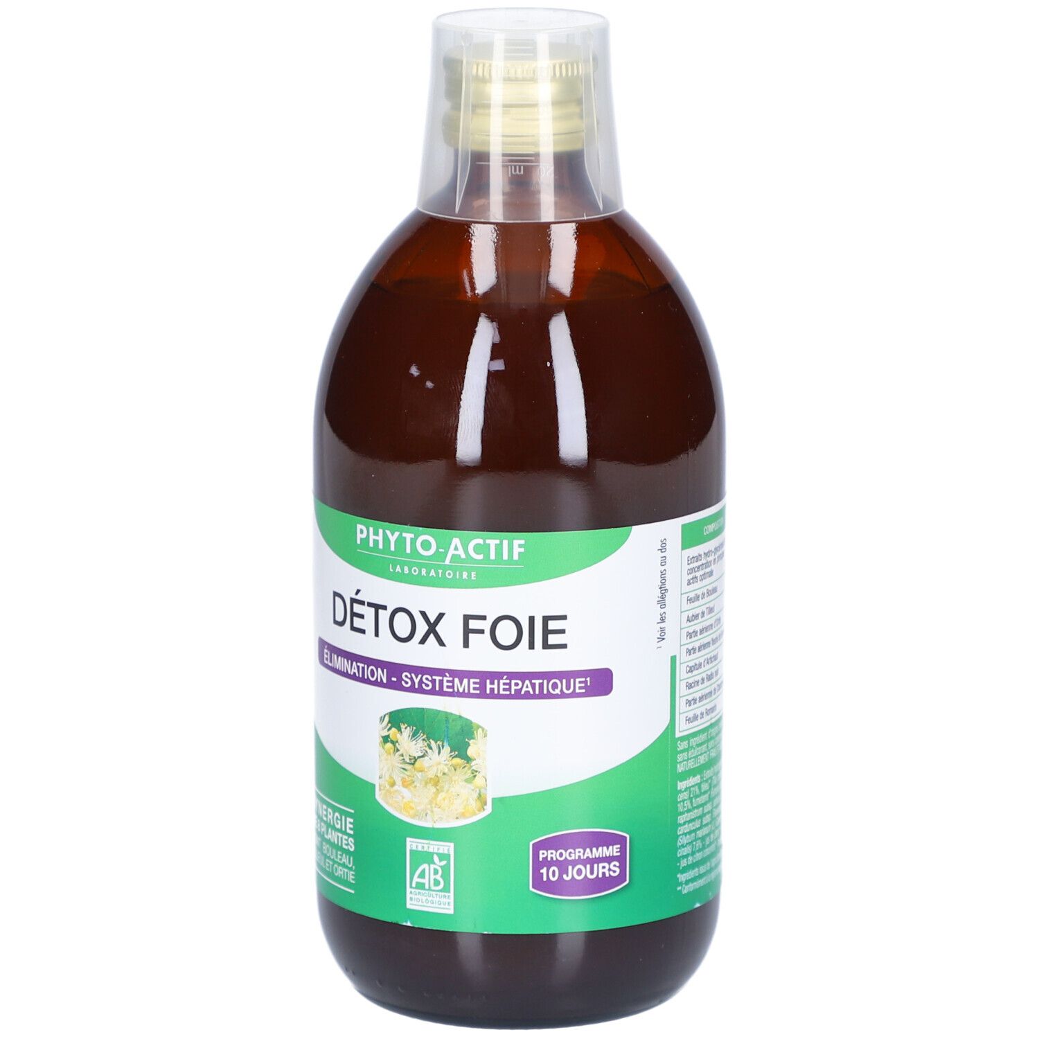 Braune Flüssigkeit in einer Flasche. Aufschrift: PHYTO-ACTIF, DÉTOX FOIE, Elimination - Système hépatique. Mit AB-Logo.