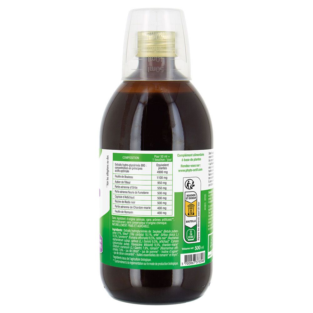 Rückseite der Flasche mit Inhaltsangaben. Enthält pflanzliche Extrakte. Grüne und weiße Etiketten. Volumen: 500 ml.