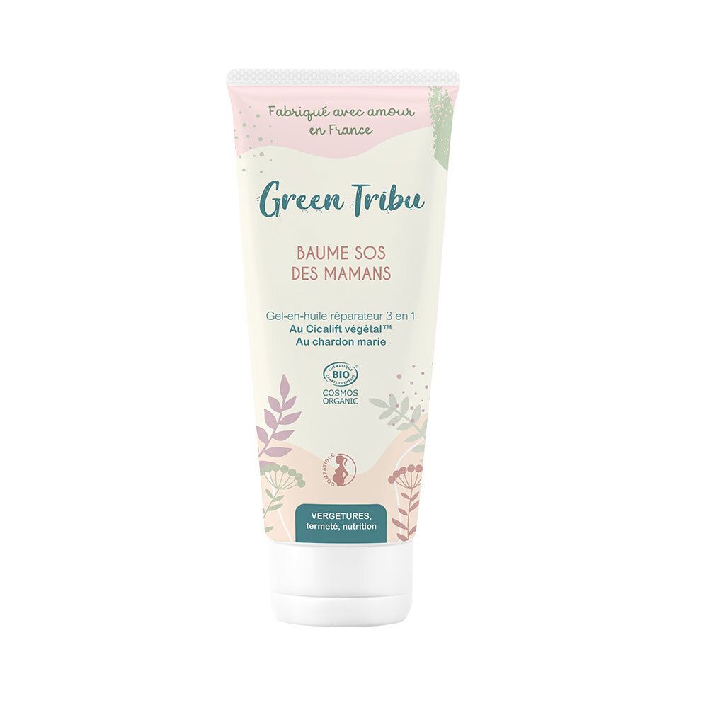 Tube de crème Green Tribu, Baume SOS des Mamans. Certifié bio. Éléments roses, verts et beiges.