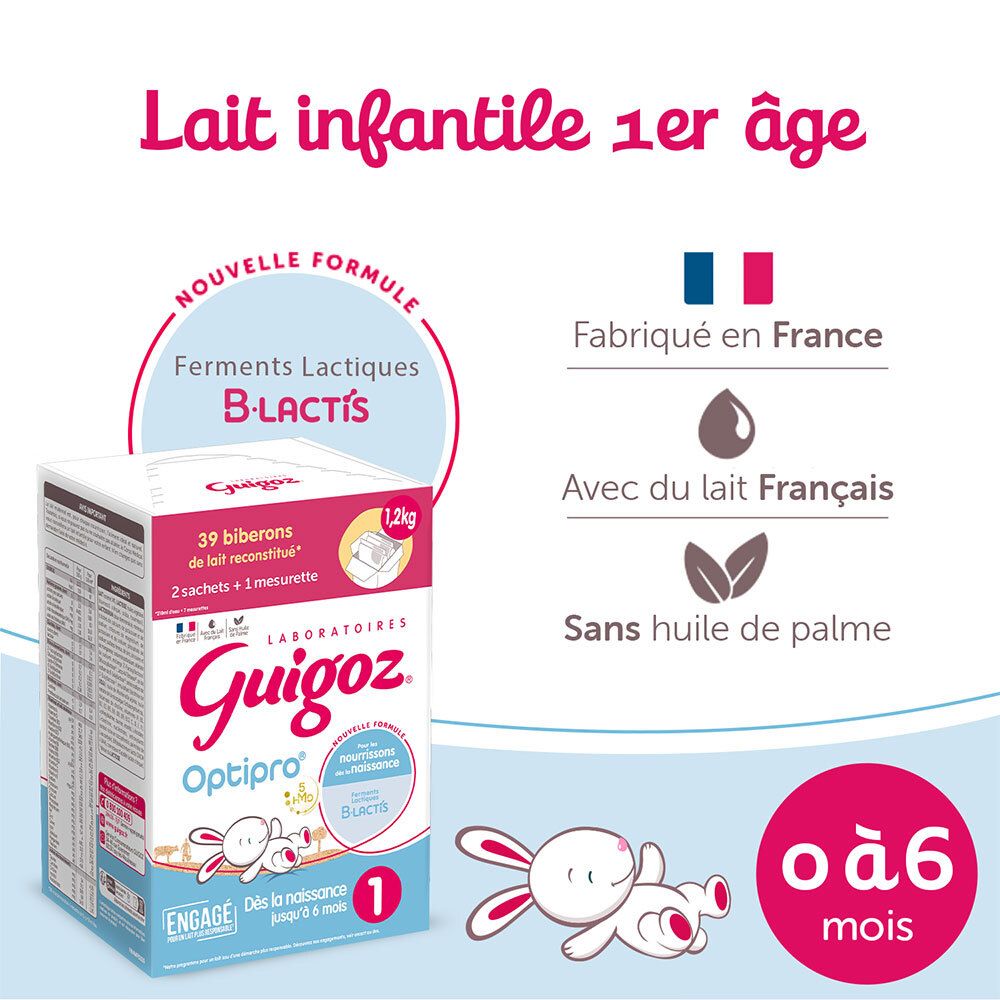 Guigoz Optipro 1 Milchpulver-Packung. Hergestellt in Frankreich. Für Babys von 0-6 Monaten. Ohne Palmöl.
