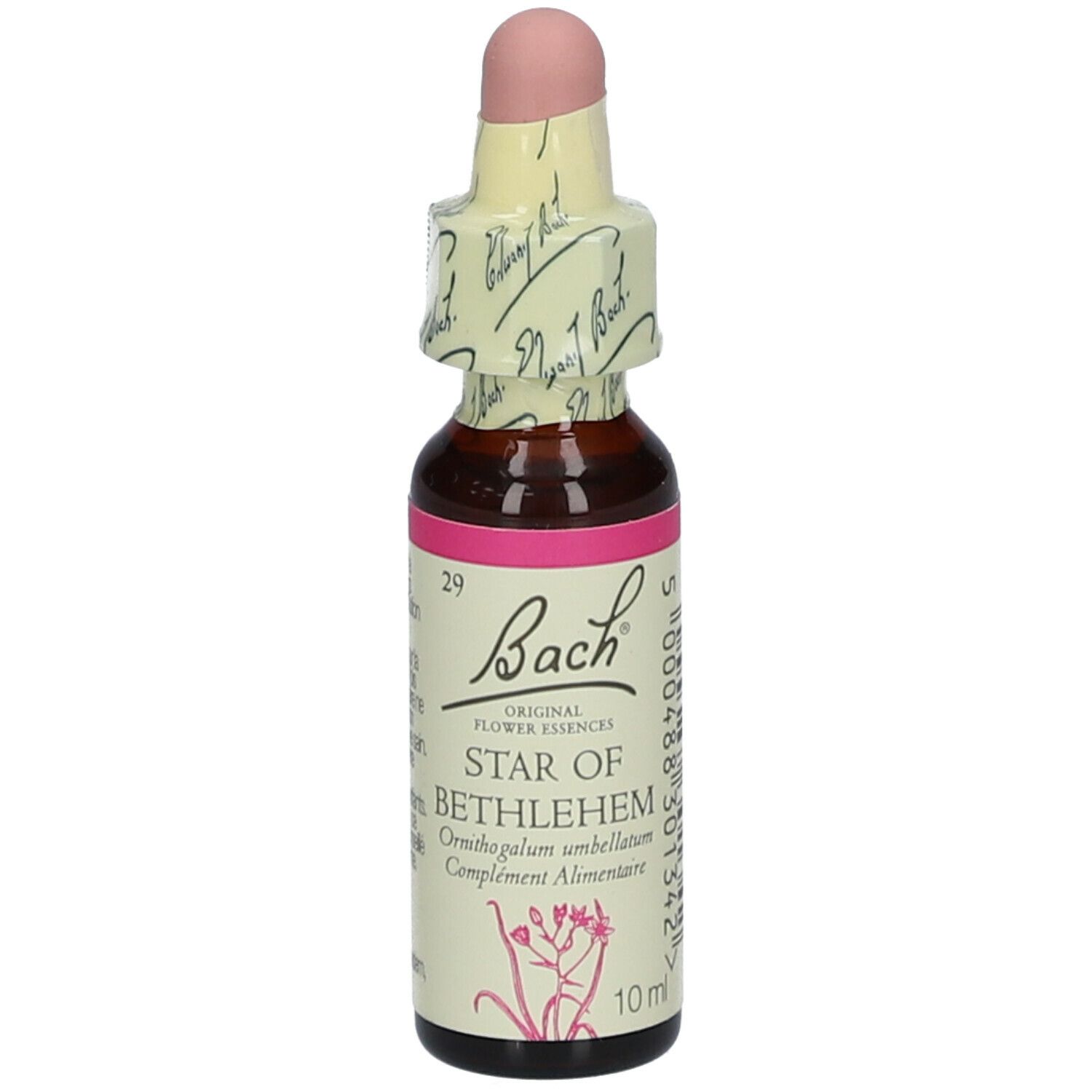 Flacon en verre brun avec étiquette rose et inscription Bach, Star of Bethlehem. Compte-gouttes à embout rose. 10 ml.