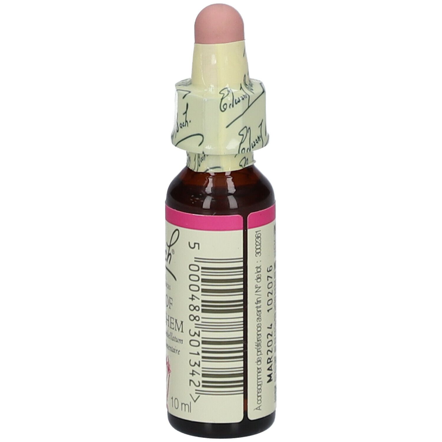 Flacon en verre brun avec étiquette rose et inscription Bach, Star of Bethlehem. Code-barres et date de péremption. Compte-gouttes.