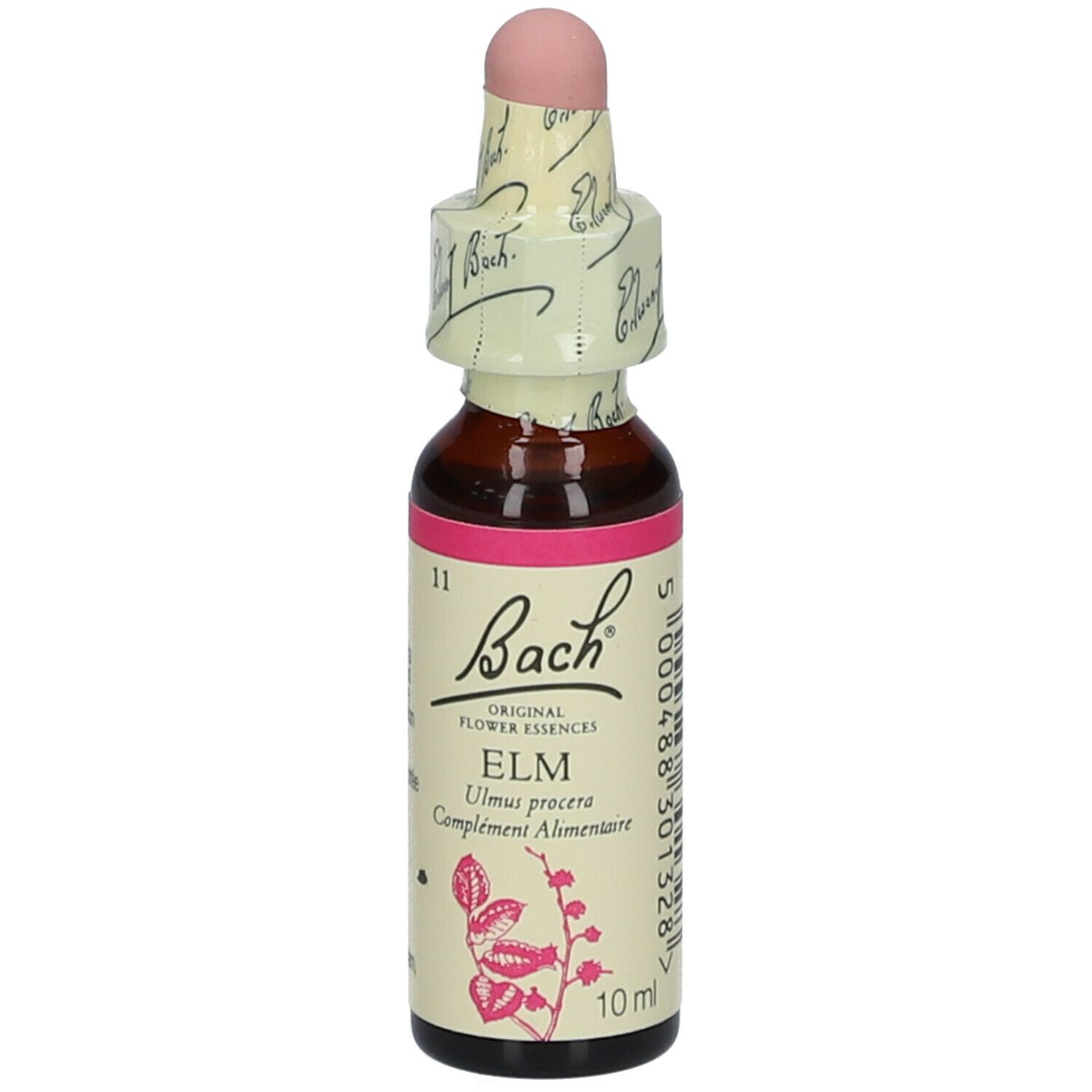 Braune Glasflasche mit rosa Verschluss. Etikett mit "Bach" und "ELM". 10 ml.