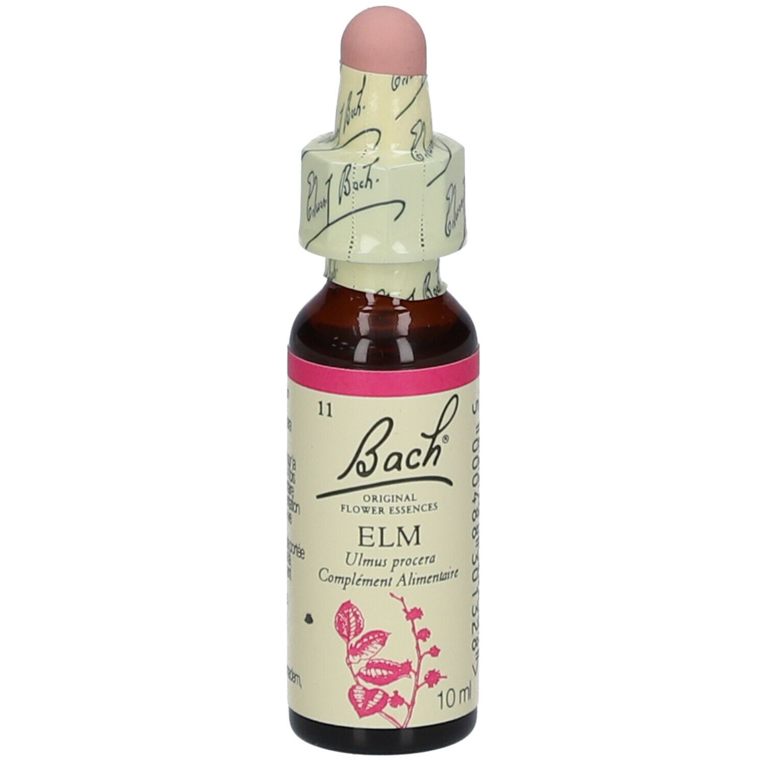 Braune Glasflasche mit rosa Verschluss. Etikett mit "Bach" und "ELM". 10 ml.