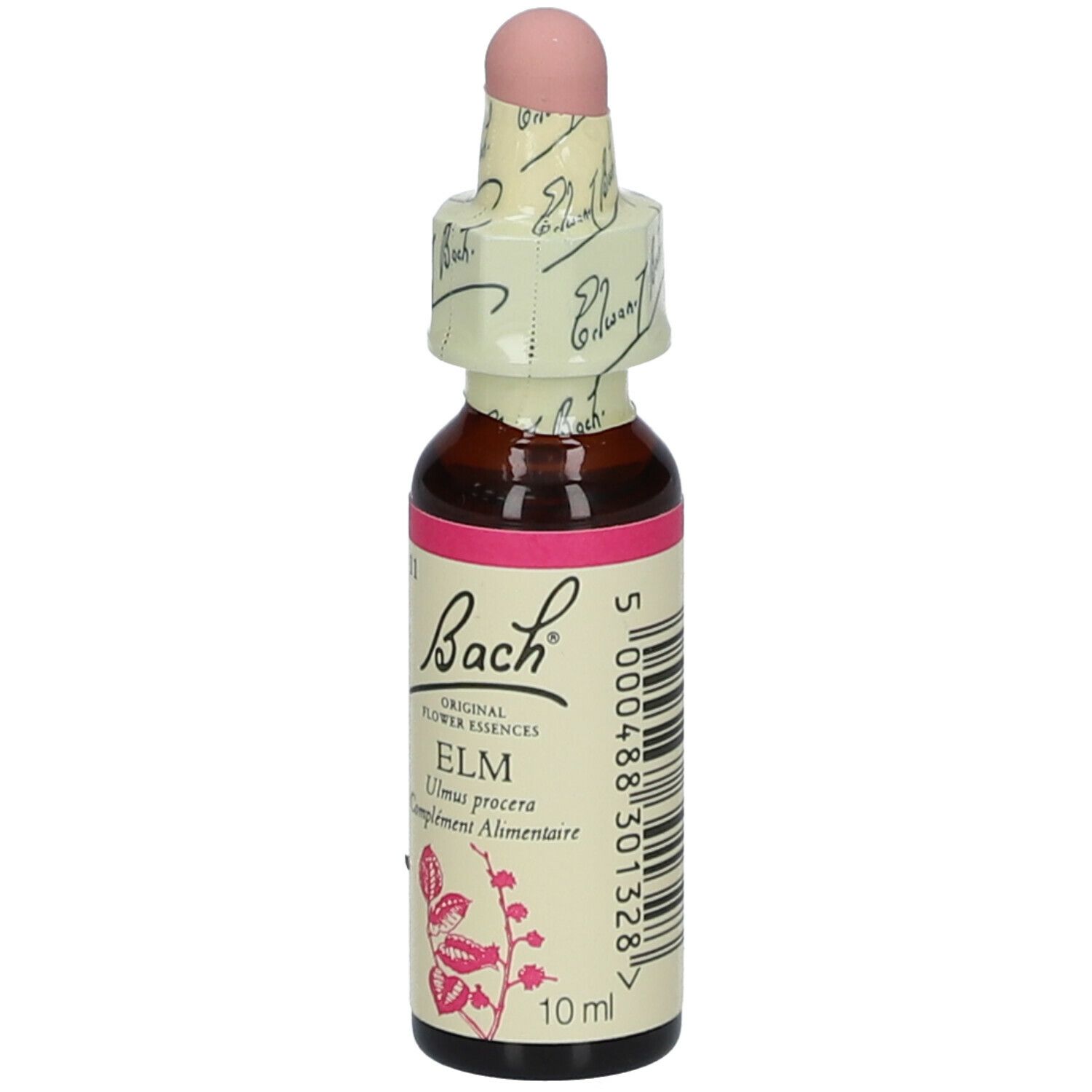 Braune Glasflasche mit rosa Verschluss. Etikett mit "Bach" und "ELM". 10 ml.