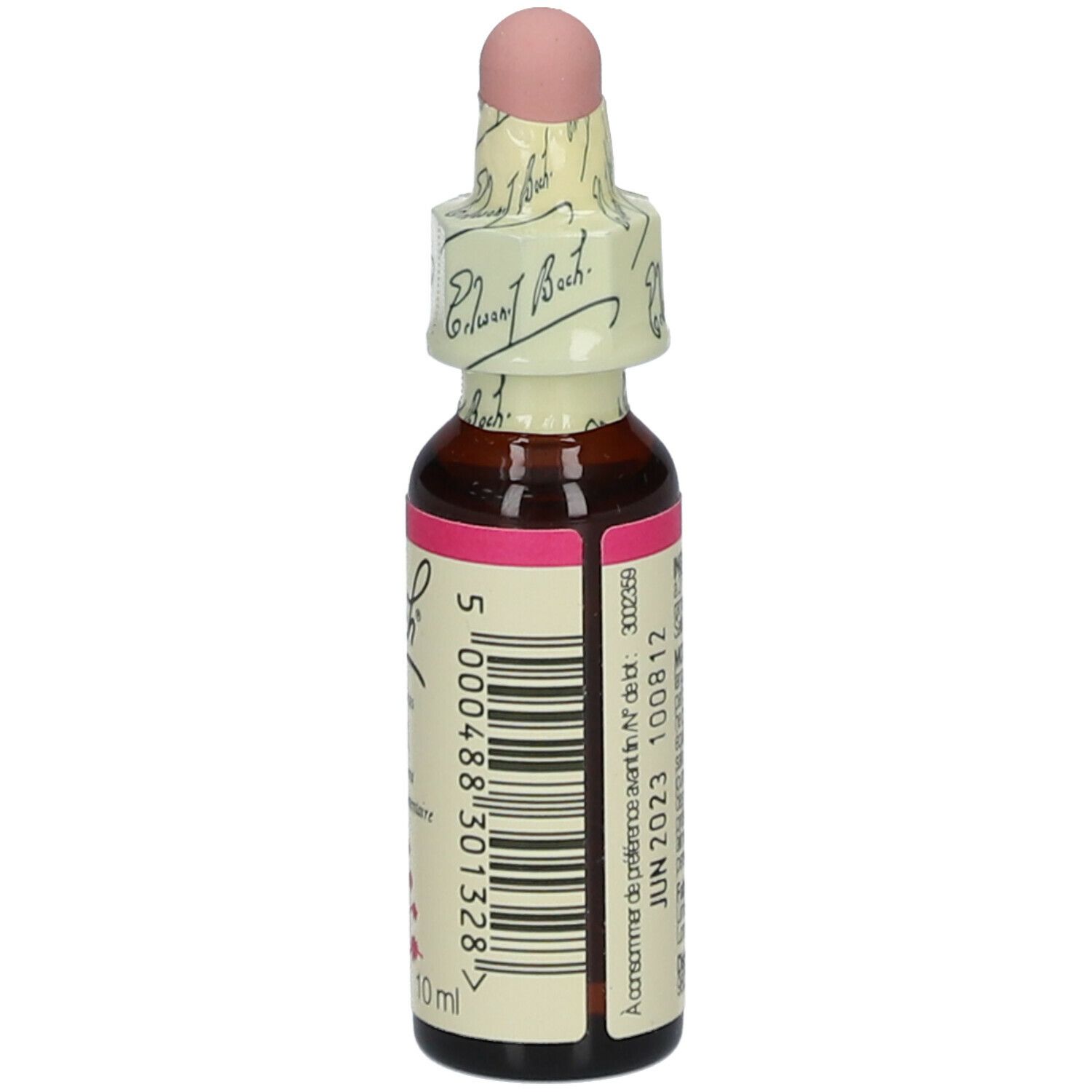 Braune Glasflasche mit rosa Verschluss. Etikett mit Text und Barcode. 10 ml.
