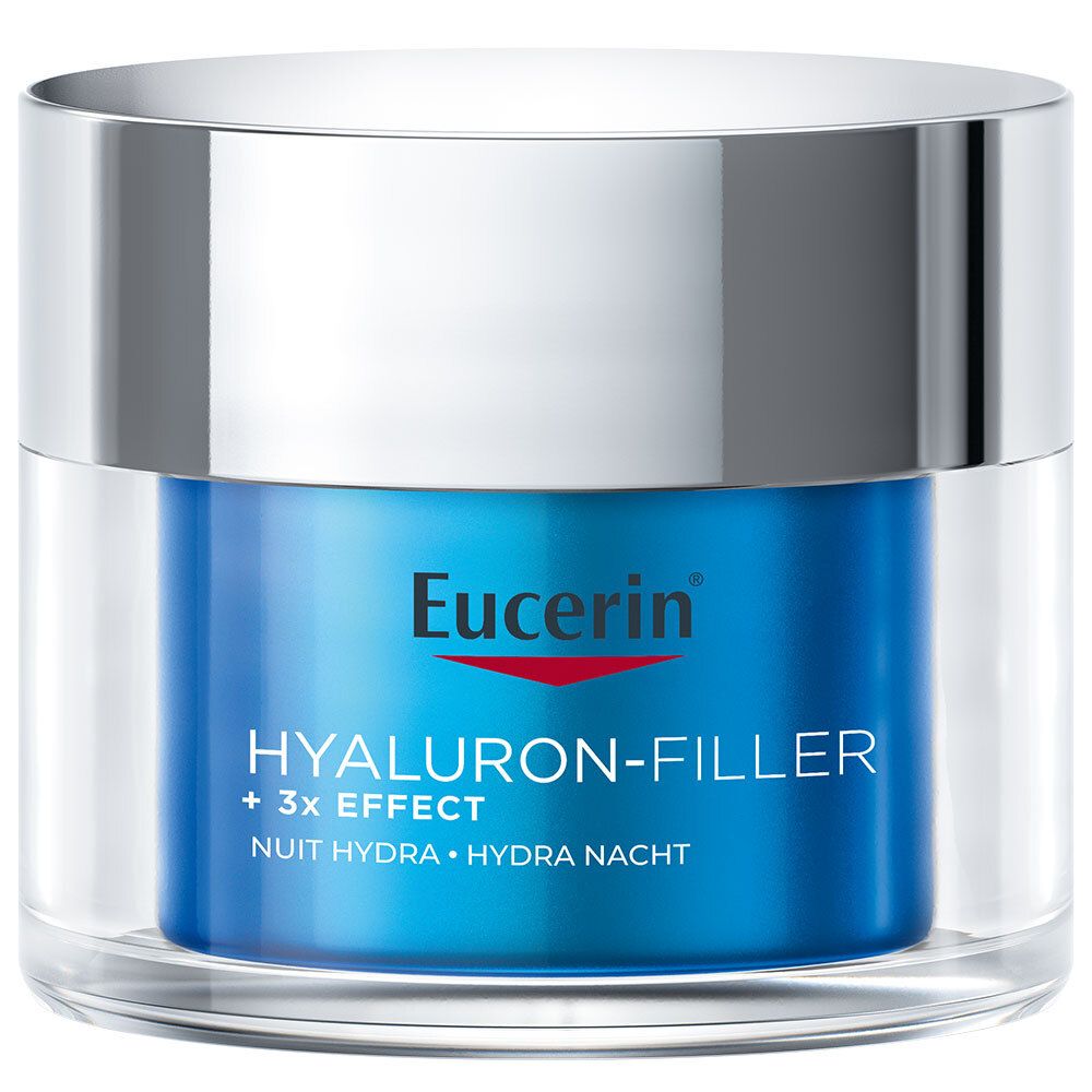Blauer Tiegel mit silbernem Deckel. Aufschrift: Eucerin, HYALURON-FILLER + 3x EFFECT, NUIT HYDRA.