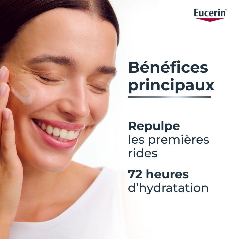 Frau mit Gesicht. Text: Bénéfices principaux. Repulpe les premières rides. 72 heures d'hydratation. Eucerin Logo.