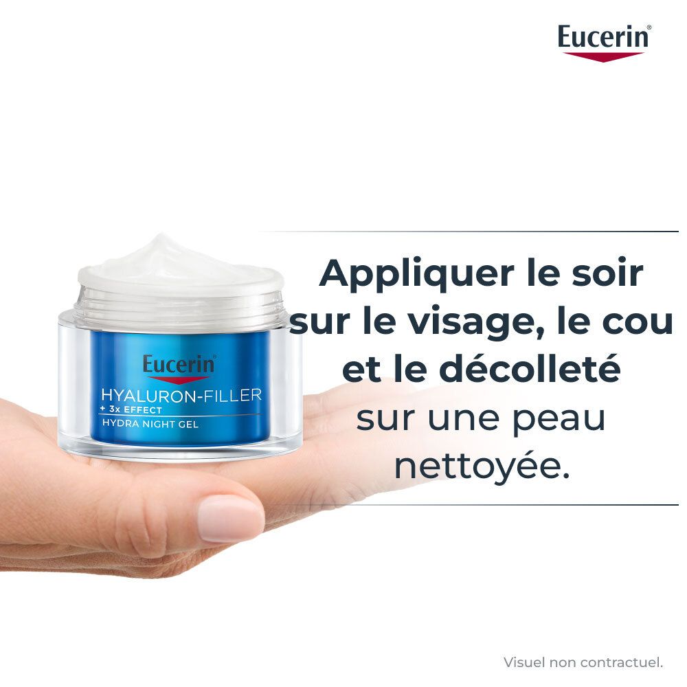 Hand hält Tiegel. Text: Appliquer le soir sur le visage, le cou et le décolleté. Eucerin.