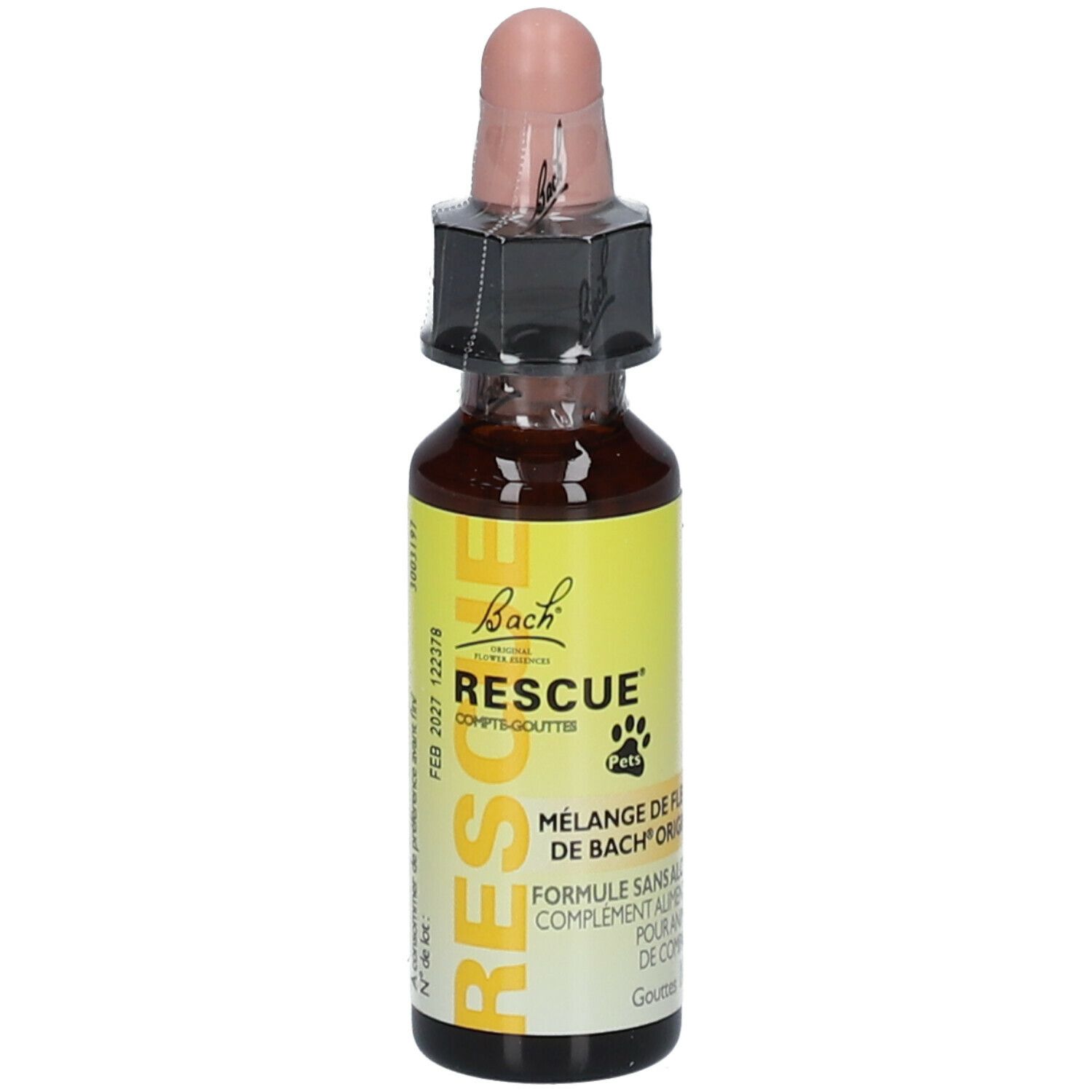 Tropfenflasche. Aufschrift: Bach RESCUE Pets. Mischung aus Bachblüten. Tropfen 10ml. Mit Verschluss.
