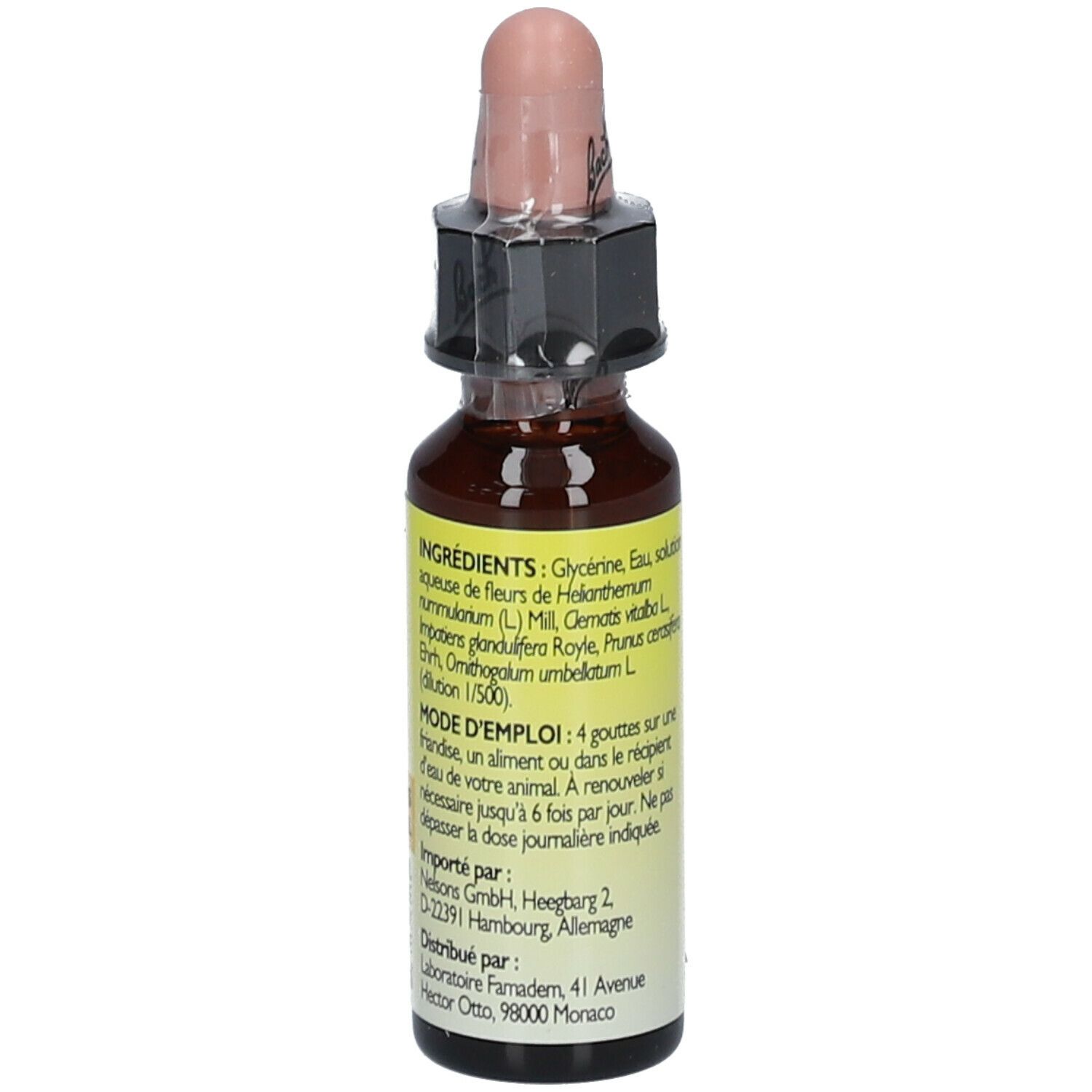 Tropfenflasche. Aufschrift: Bach RESCUE Pets. Mischung aus Bachblüten. Tropfen 10ml. Mit Verschluss.