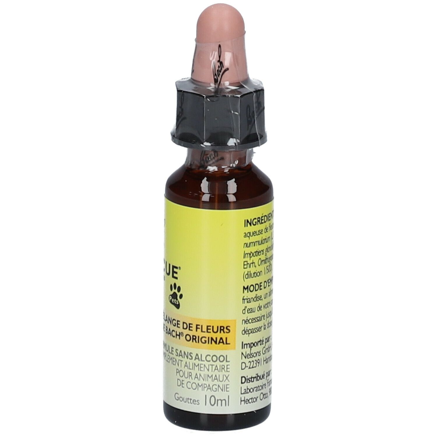 Tropfenflasche. Aufschrift: Bach RESCUE Pets. Mischung aus Bachblüten. Tropfen 10ml. Mit Verschluss.