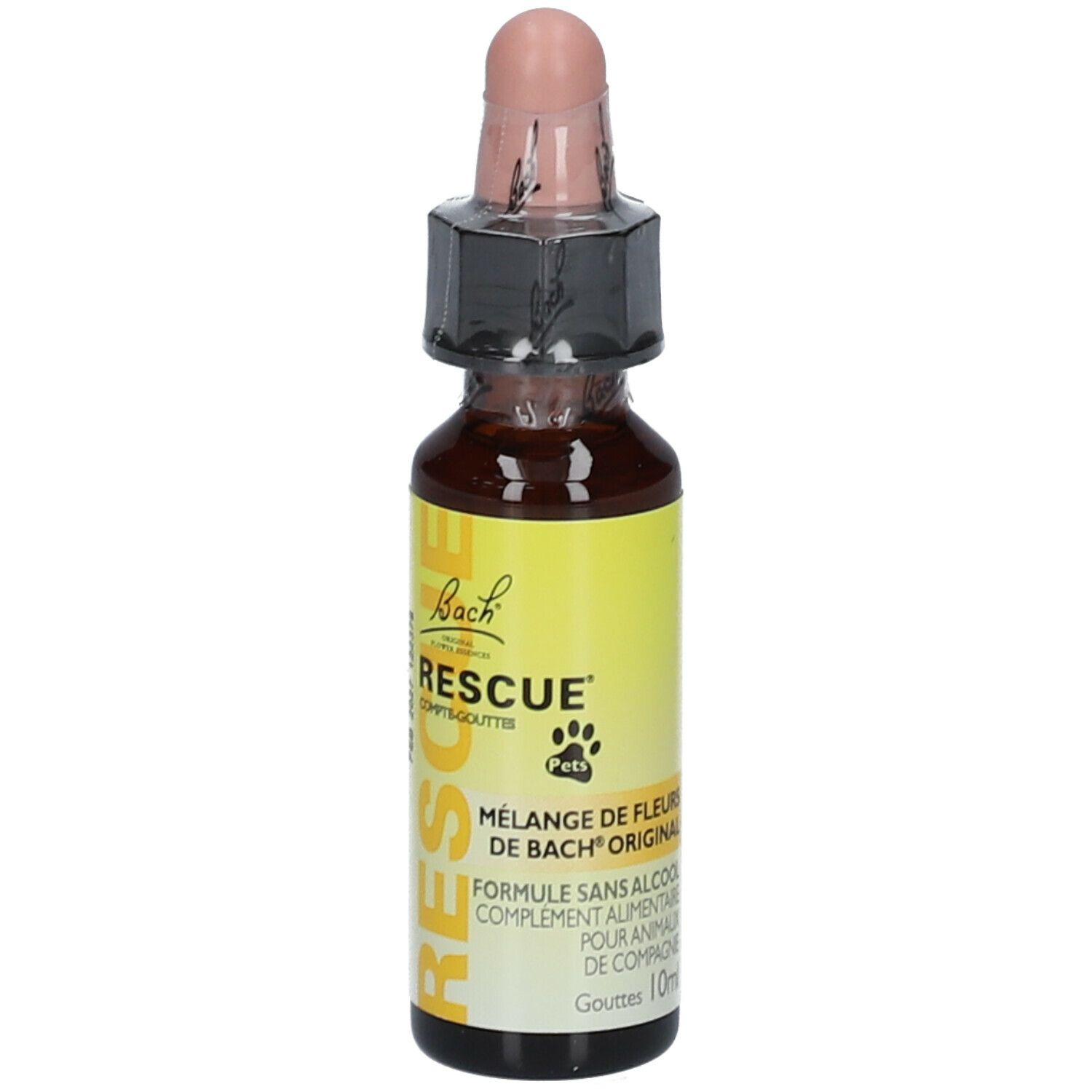 Tropfenflasche. Aufschrift: Bach RESCUE Pets. Mischung aus Bachblüten. Tropfen 10ml. Mit Verschluss.