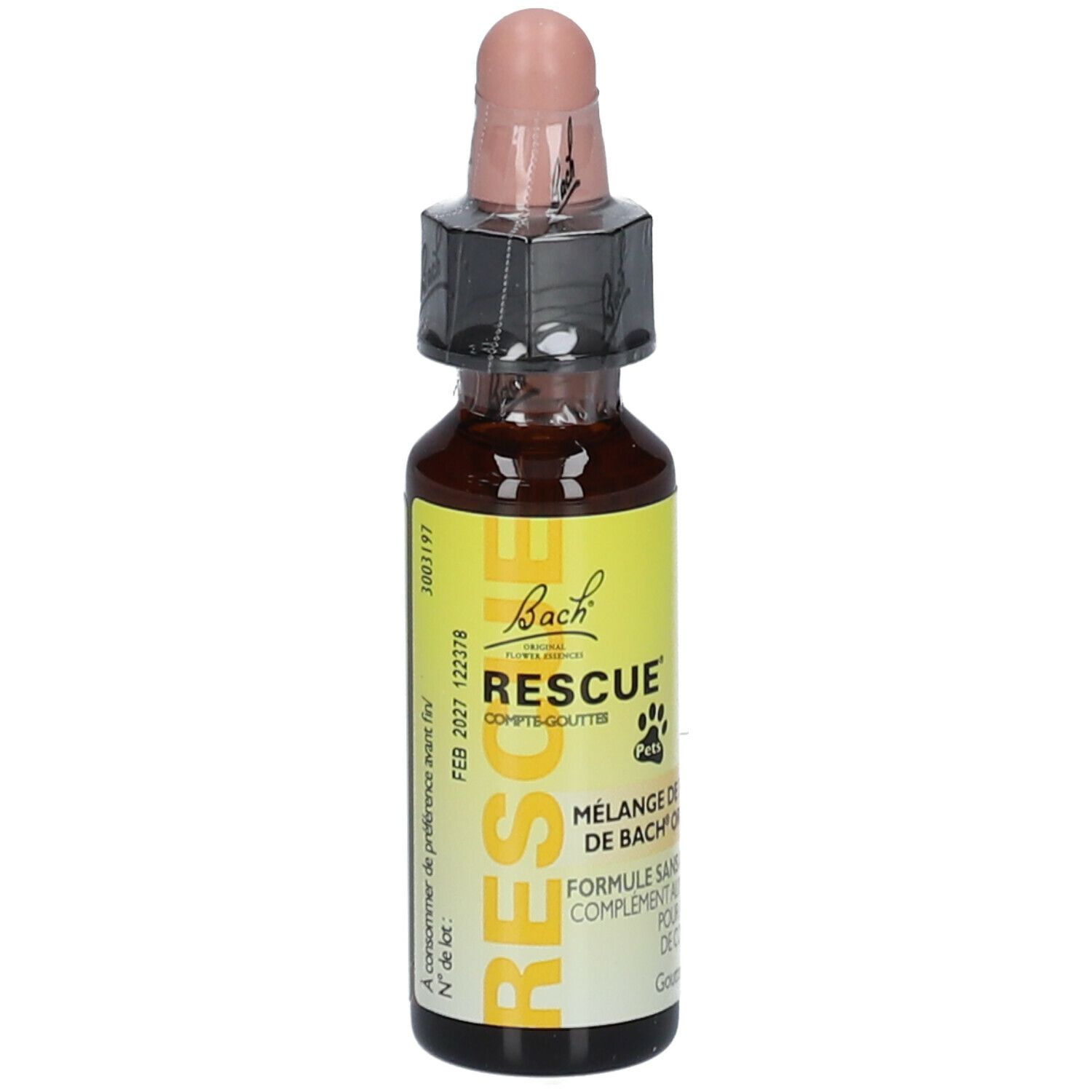 Tropfenflasche. Aufschrift: Bach RESCUE Pets. Mischung aus Bachblüten. Tropfen 10ml. Mit Verschluss.