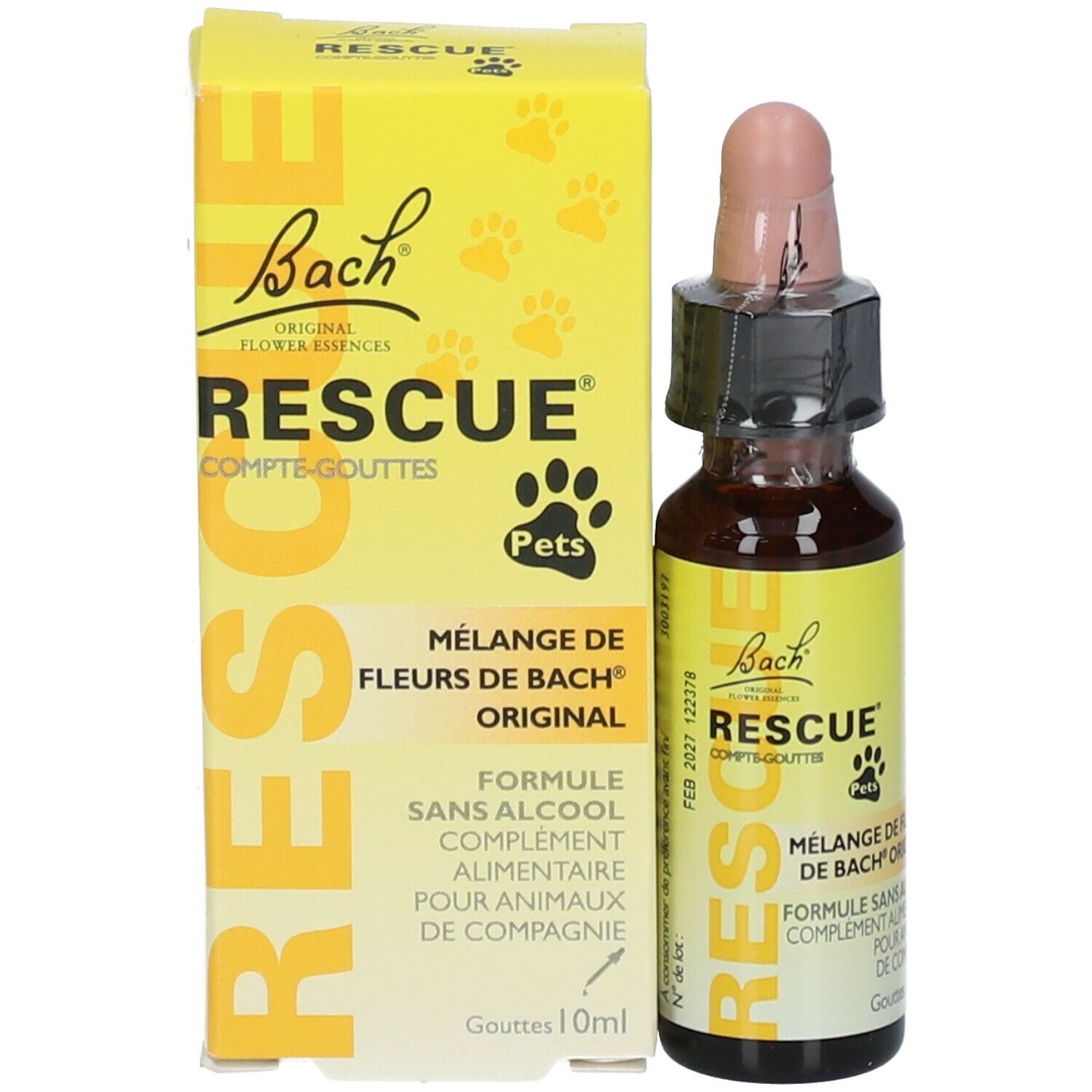 Tropfenflasche und Schachtel. Aufschrift: Bach RESCUE Pets. Mischung aus Bachblüten. Tropfen 10ml.