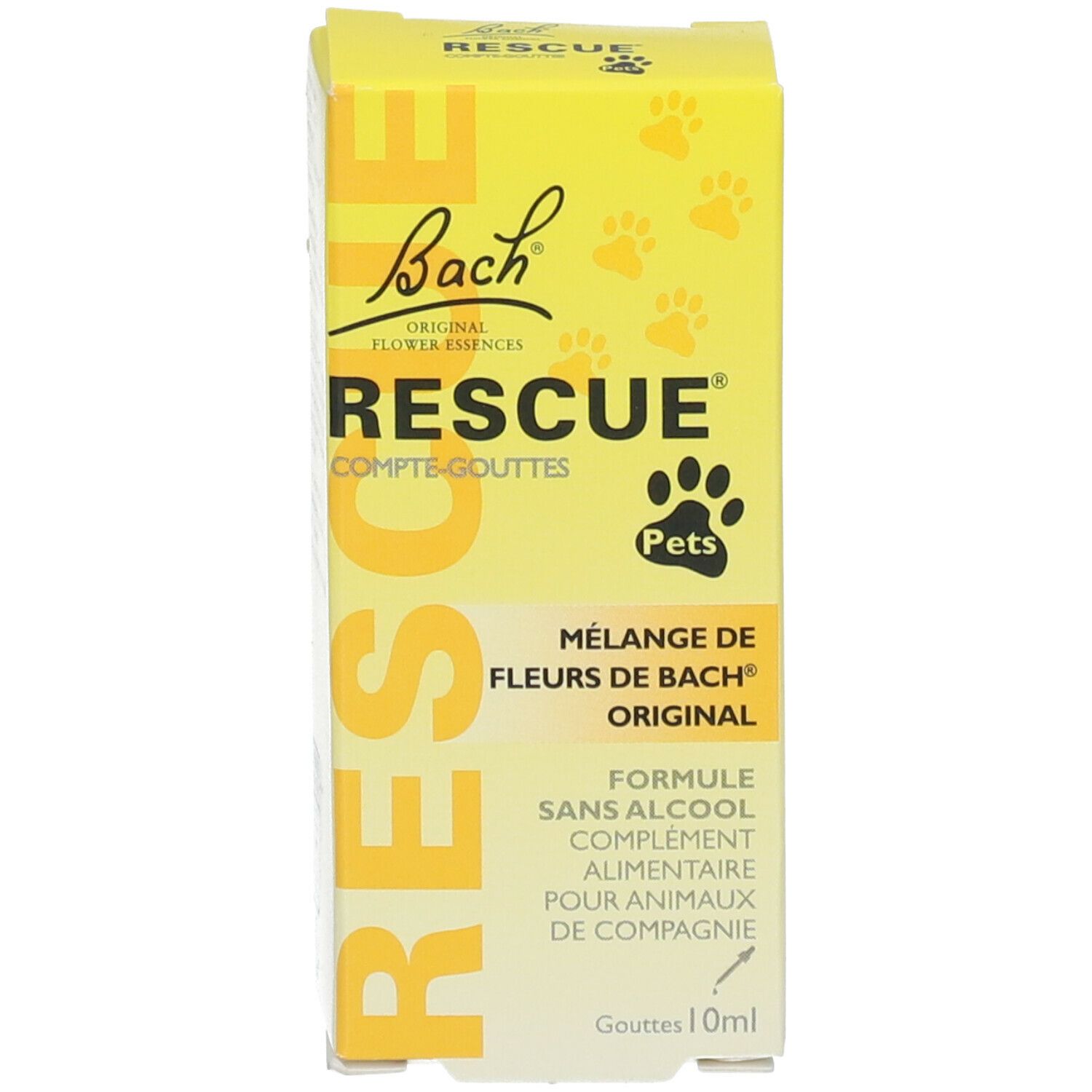 Schachtel. Aufschrift: Bach RESCUE Pets. Mischung aus Bachblüten. Tropfen 10ml.