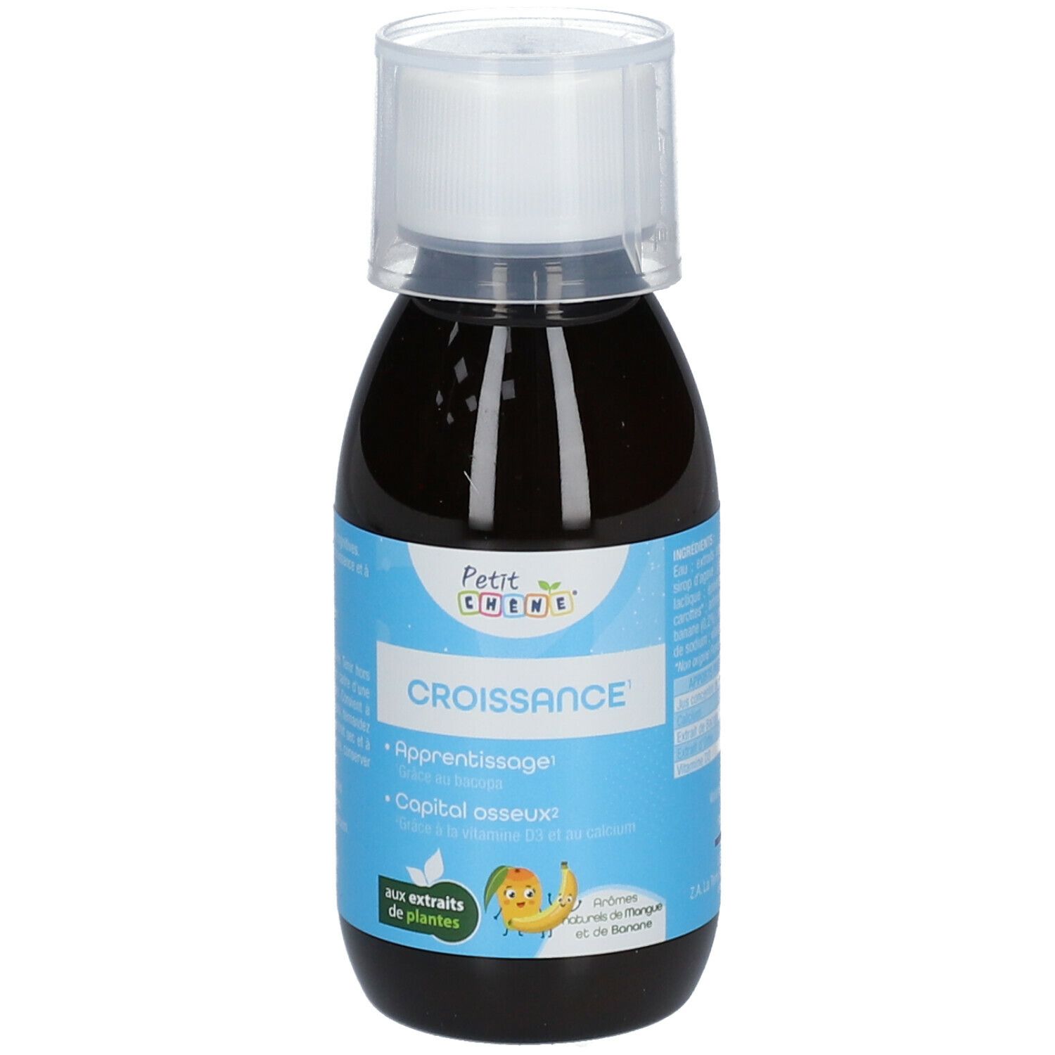 Liquide brun en flacon avec bouchon blanc. Étiquette avec texte: CROISSANCE, Petit Chêne, avec extraits de plantes.