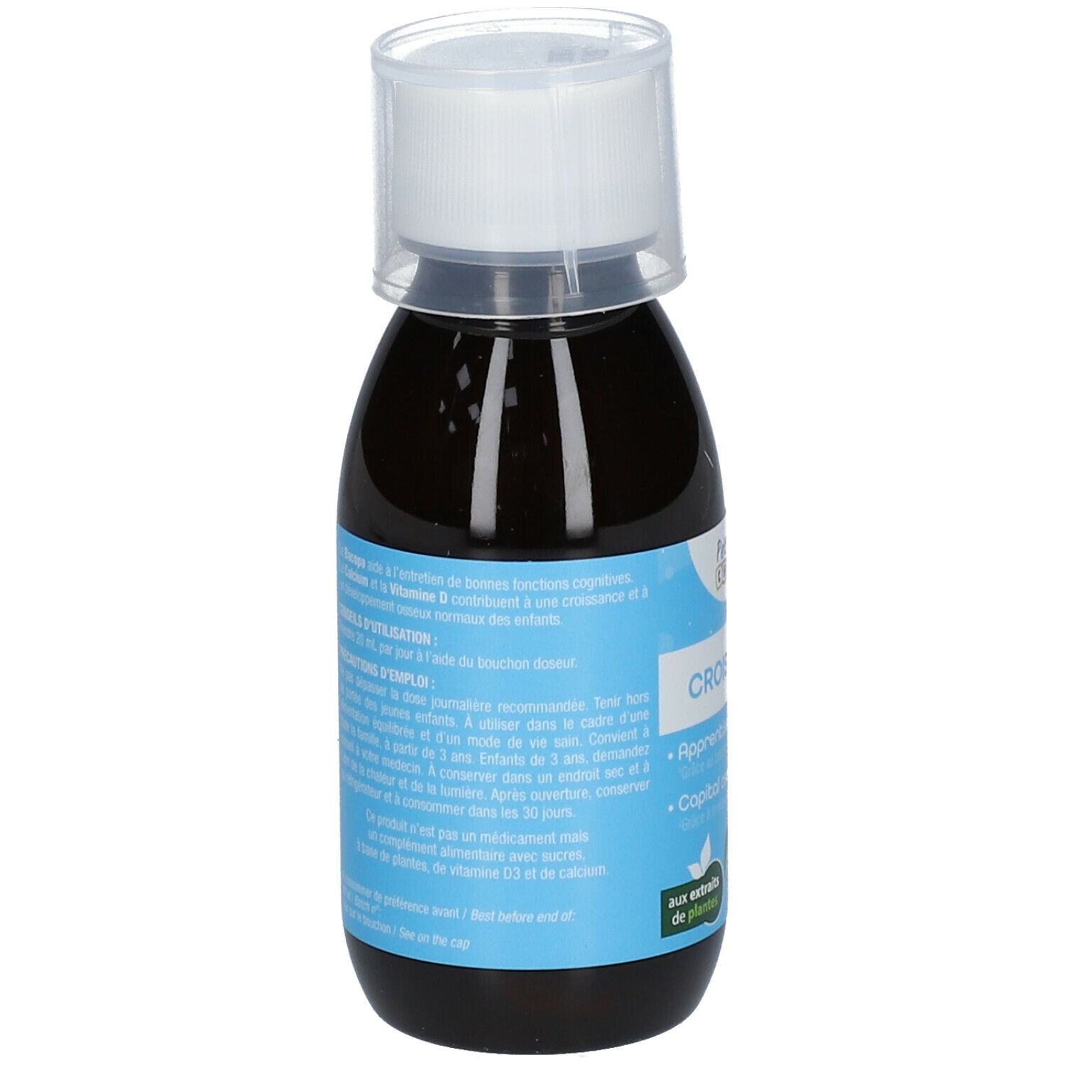 Liquide brun en flacon avec bouchon blanc. Étiquette avec texte et informations d'utilisation.