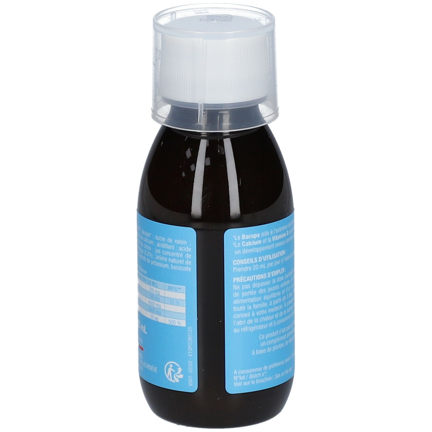 Liquide brun en flacon avec bouchon blanc. Étiquette avec texte et informations d'utilisation.