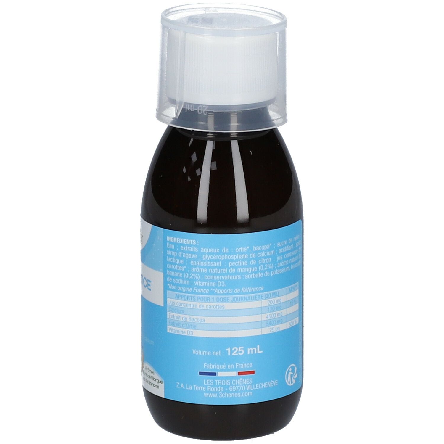 Liquide brun en flacon avec bouchon blanc. Étiquette avec texte et ingrédients. Volume: 125 ml.