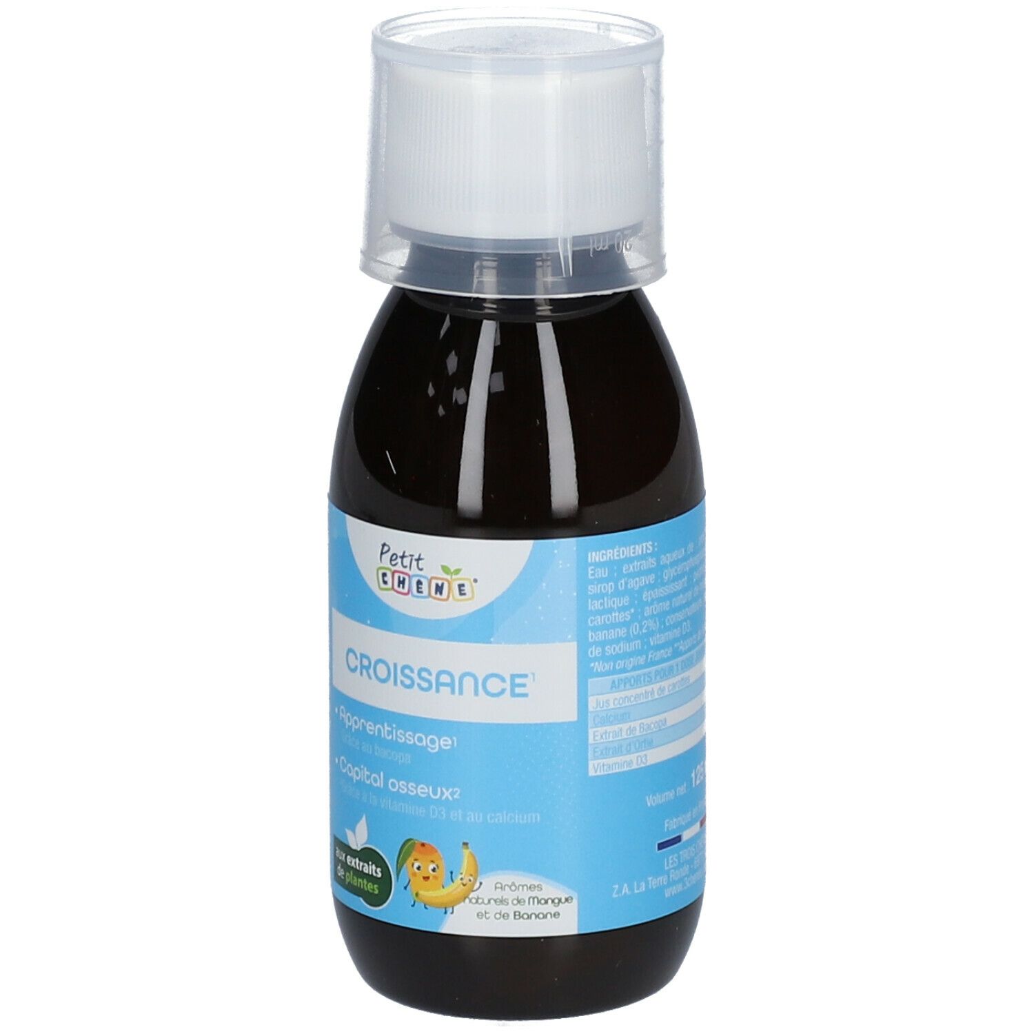 Liquide brun en flacon avec bouchon blanc. Étiquette avec texte: CROISSANCE, Petit Chêne, avec extraits de plantes.