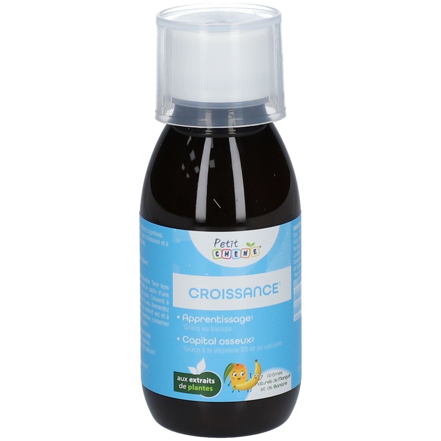 Liquide brun en flacon avec bouchon blanc. Étiquette avec texte: CROISSANCE, Petit Chêne, avec extraits de plantes.