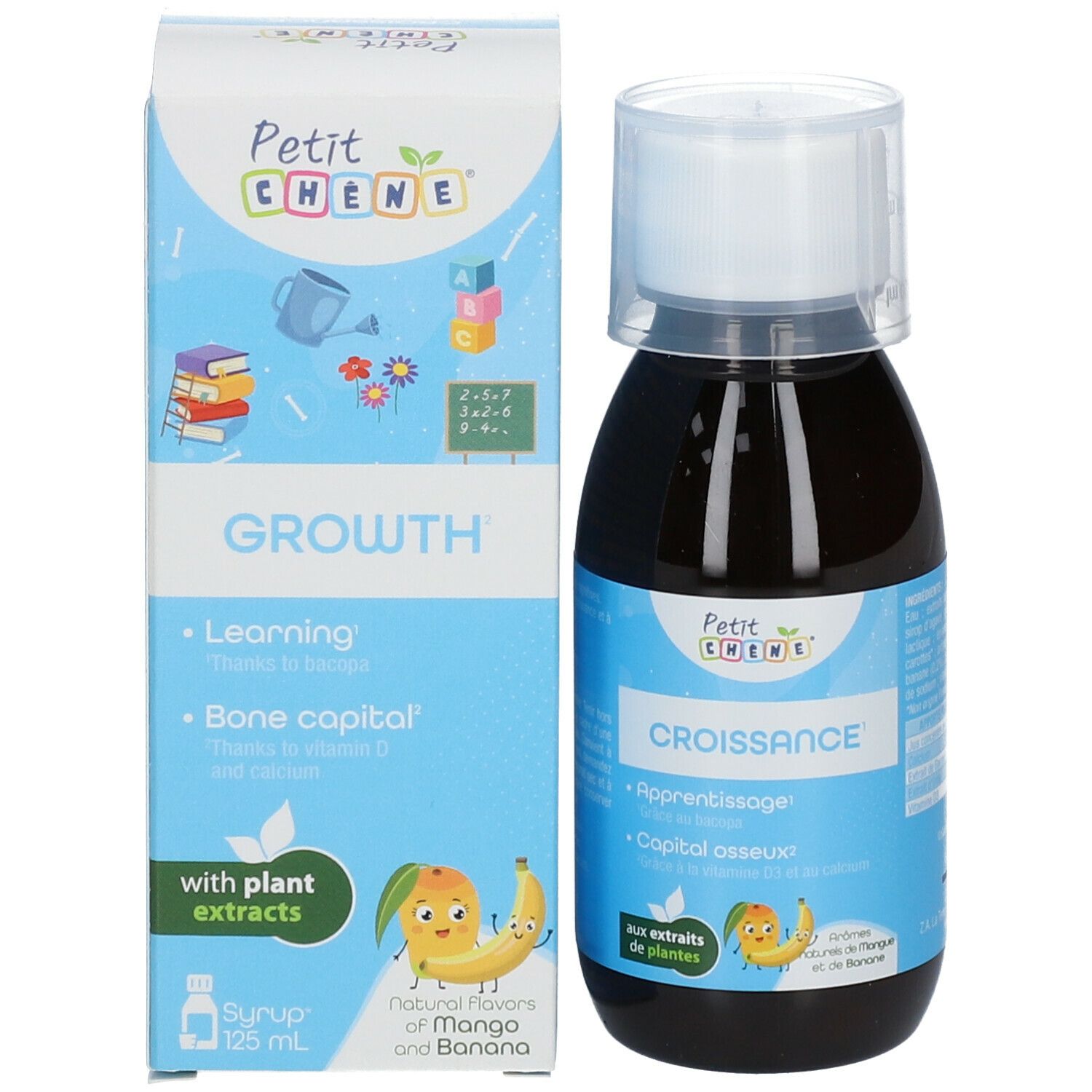 Flacon et boîte avec texte: GROWTH, Petit Chêne, avec extraits de plantes. Flacon avec liquide brun.