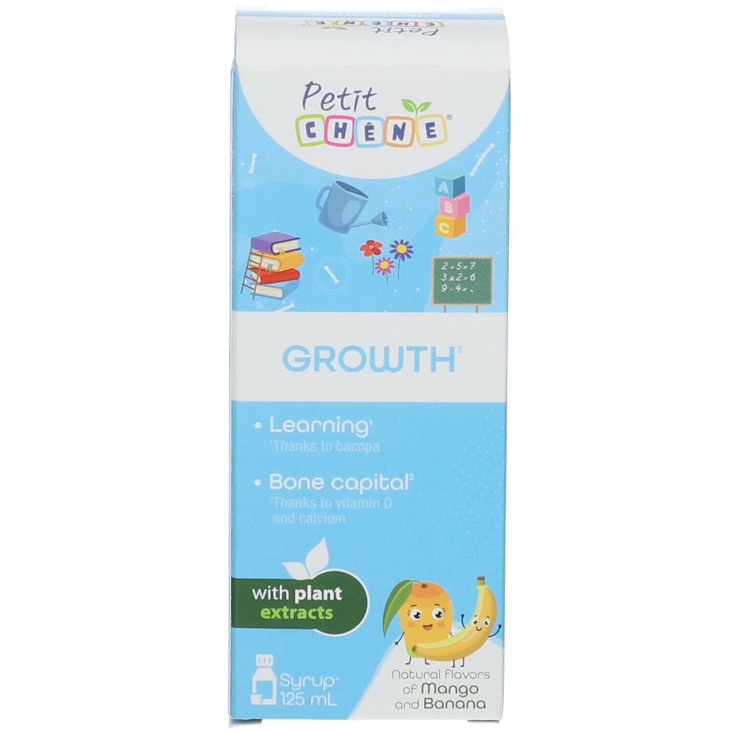 Boîte avec texte: GROWTH, Petit Chêne, avec extraits de plantes. Illustration de fruits et légumes.